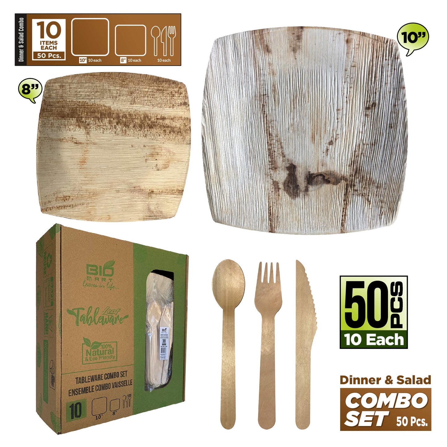 Bio Mart Square Dinnerware Set - Areca Palm Leaf Plates & Cutlery | 10-Inch & 8-Inch Quadrato | 50 Pcs Eco-Friendly Biodegradable & Compostable Dining Kit