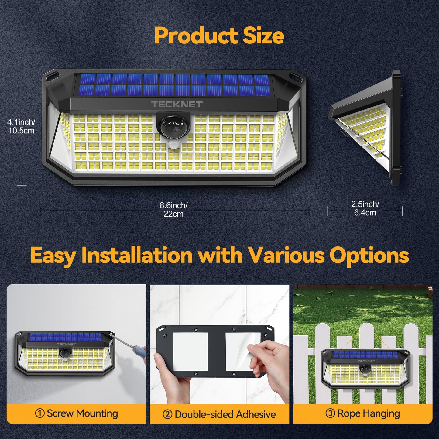 TECKNET 4200Lm Solar Lights Outdoor, [416 LED&300° Wide Angle] Motion Sensor Light Outdoor, 3 Modes Lampe Solaire Exterieur, IP66 Waterproof Outdoor Lights Solar, 3-Sided Lighting for Yard Garden Deck