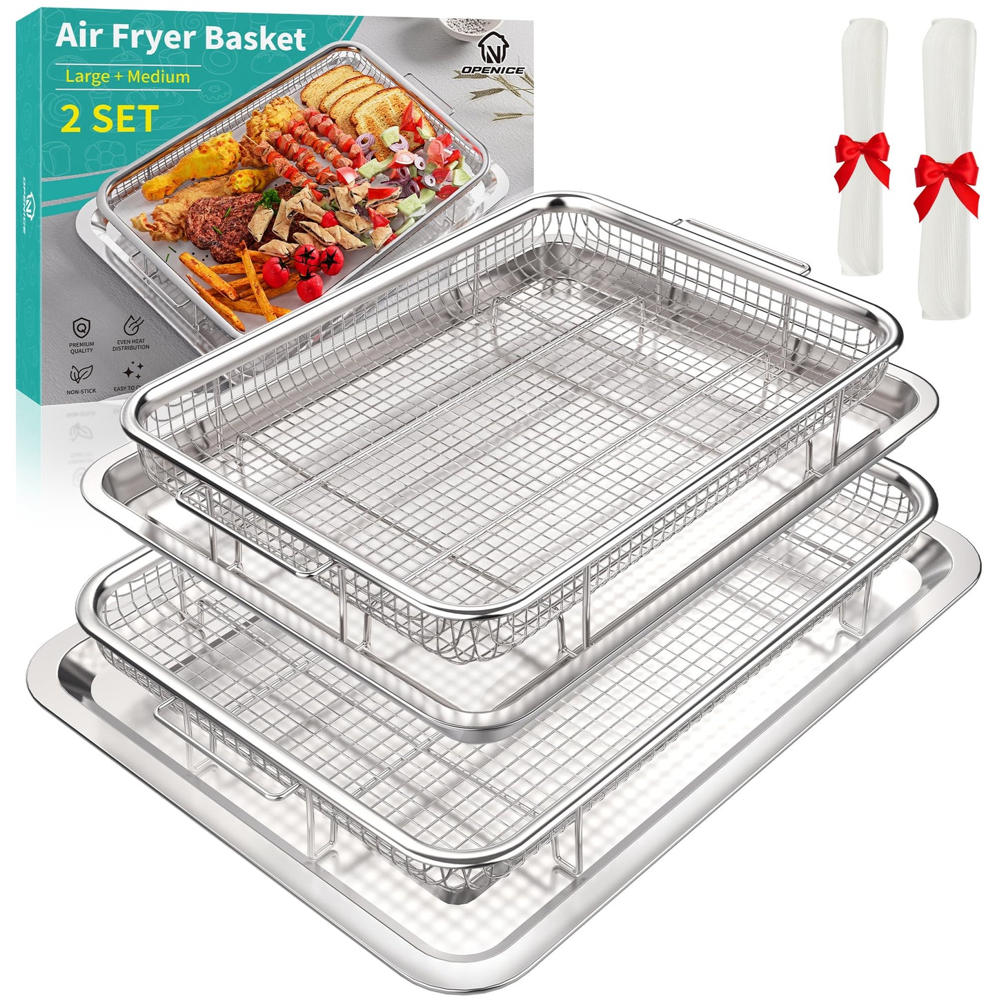 Air Fryer Basket, OPENICE 2 Set Air Fryer Basket and Tray for Oven, Stainless Steel Oven Crisper Tray and Pan for Crisping Fried, Chicken, Bacon - Large & Small