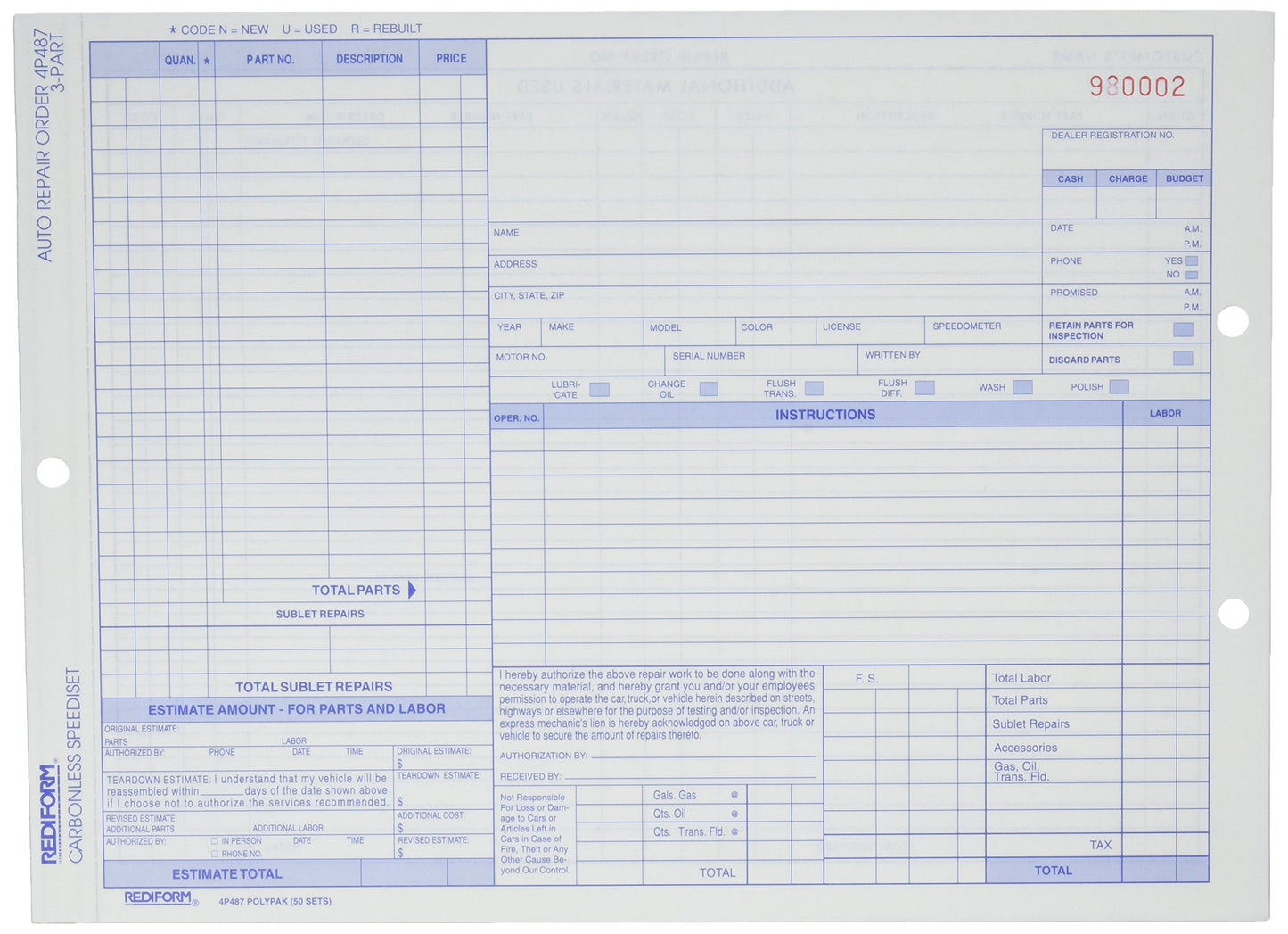 Rediform Auto Repair Polypack, Carbonless, 3 Part, 8.5 x 11 Inches, 50 Forms (4P487)