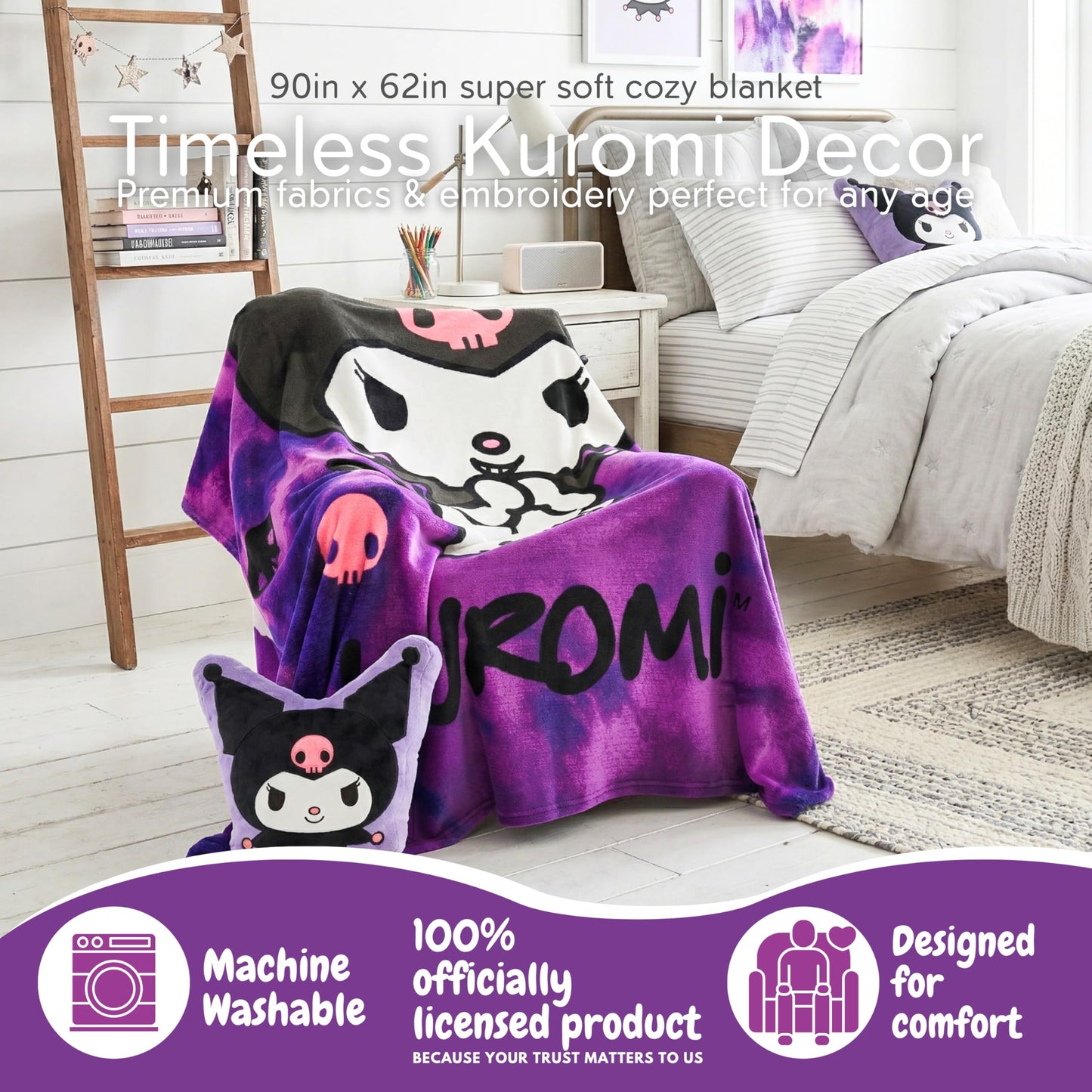 Franco Collectibles Kuromi Bedding Super Soft Cozy Blanket, 62 in x 90 in, (Officially Licensed Product)
