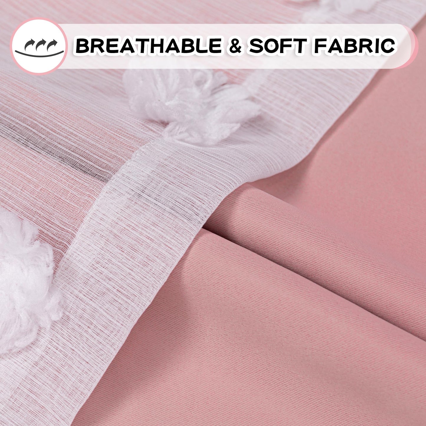 MYSKY HOME Light Blocking Pink Curtains White Sheer Pom Pom Kids Room Decor Drapes for Living Room 95 Inches Long Double Layer Curtains for Sliding Door Grommet Window Panels Set of 2, 52" x 95"