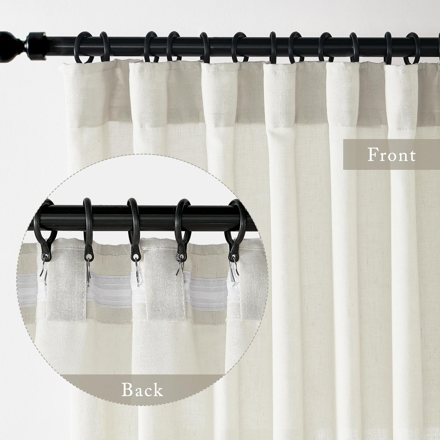 108 Inch Linen Curtains 2 Panels, with Heading Tape Hooks for Track System, Back Tab Extra Long Sheer Curtains for Living Room Bedroom, 9FT, Cream Ivory
