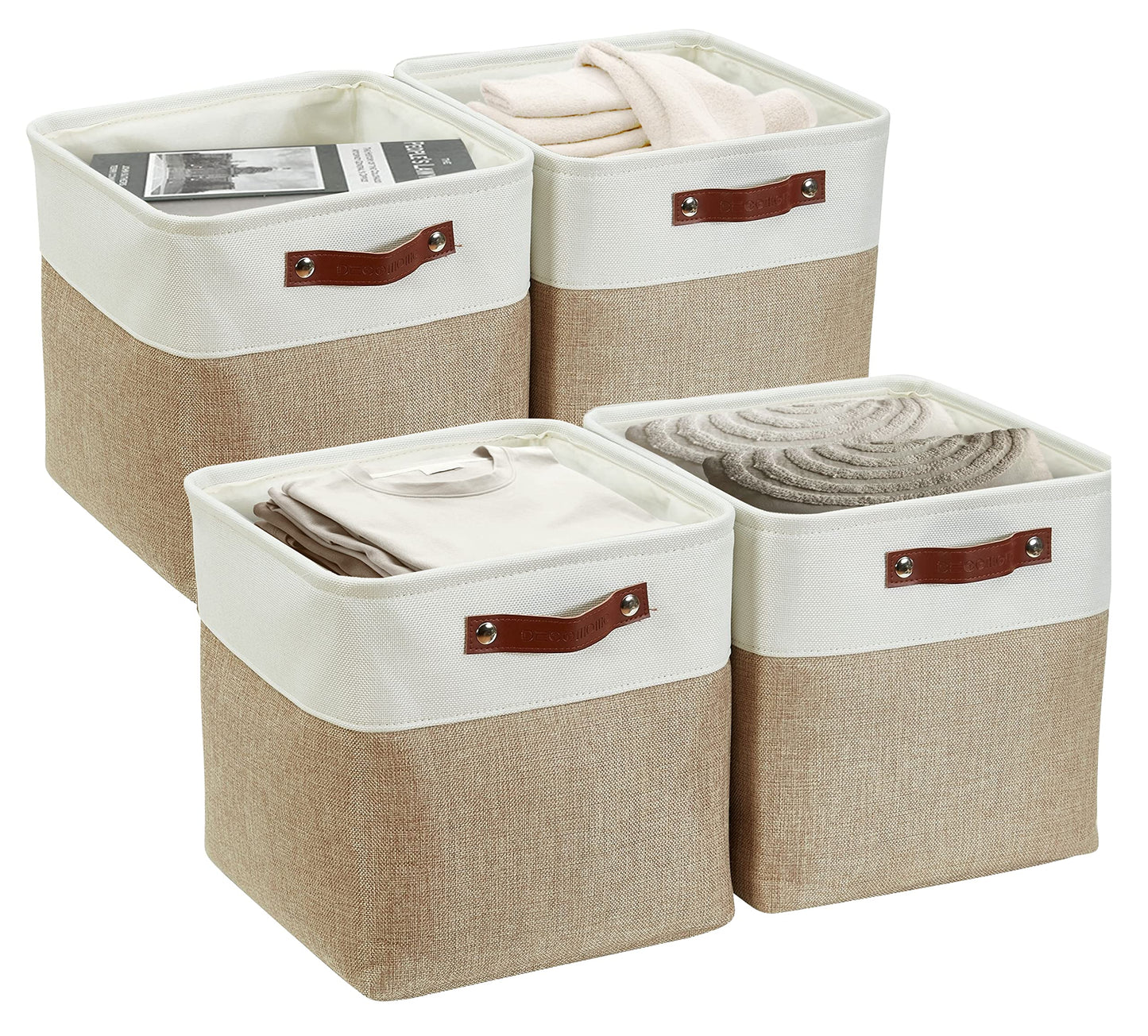 DECOMOMO Cube Storage Bin, Storage Baskets for Shelves, 12x12 inches Collapsible Fabric Storage Cubes (Beige & White, 4pcs)