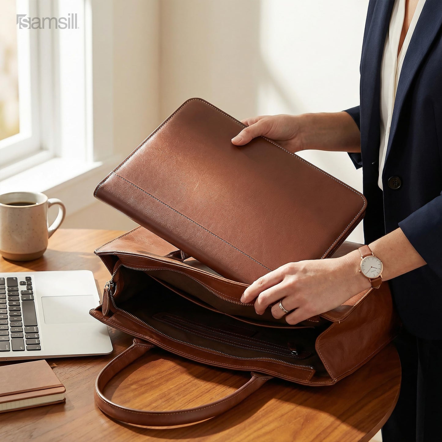 Samsill Contrast Stitch Leather Portfolio, 8.5 inch x 11 inch Writing Pad, Brown/Tan