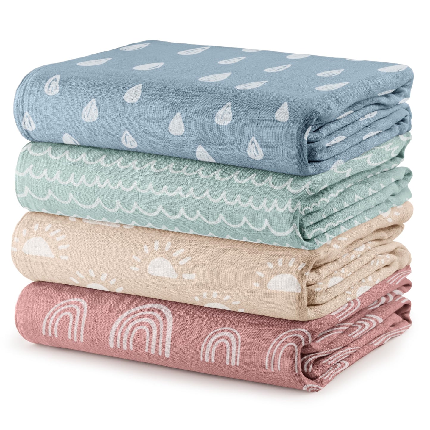 Comfy Cubs Muslin Swaddle Blankets Pack of 4 - 119 x 119 cm, Soft Cotton Baby Blanket Set, Large Swaddling Wraps for Newborns - Self-Soothing Baby Swaddle - Sun, Rainbow, Rain, Doodle