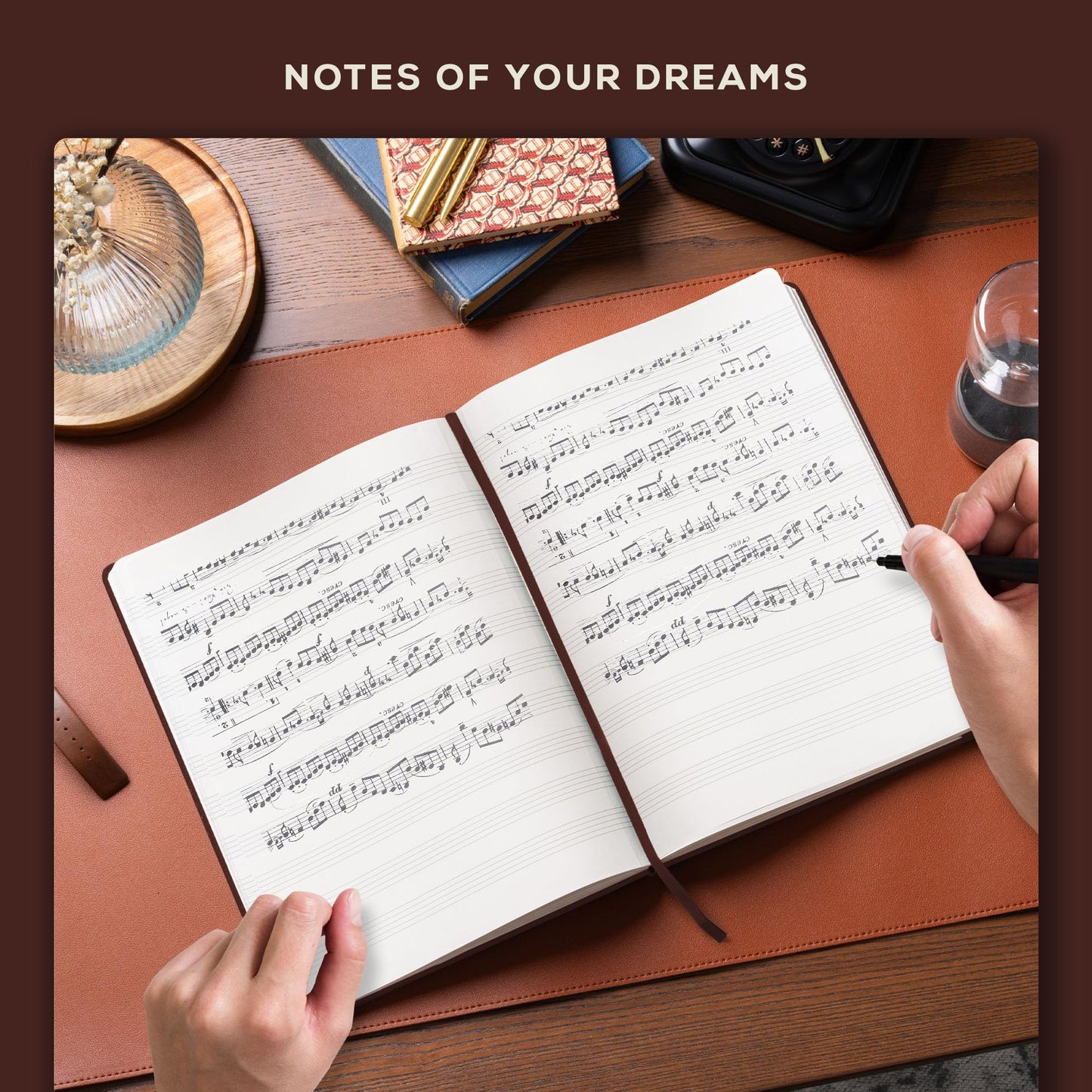 Beechmore Books Blank Sheet Music Notebook – A4 8.5"x11.5" for Songwriters, Musicians & Composers, 156 Thick 120gsm Pages, 10-Staff Perforated Sheets, Vegan Leather Hardcover, Elastic Closure, Gift Box