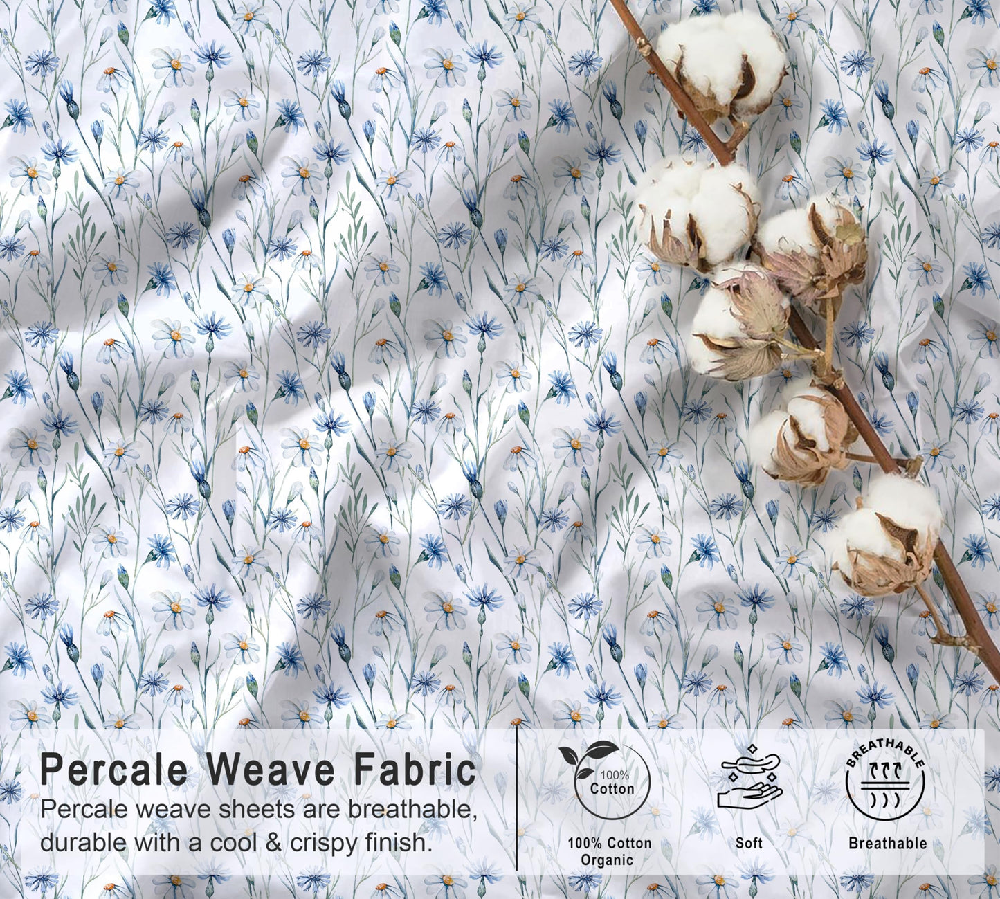 RUVANTI 100% Organic Cotton Sheets - Queen Sheet Set - 4 Piece Percale Weave Bedding, Crisp, Cooling & Breathable, Soft & Durable, 16" Deep Pocket, Hotel Quality Sábanas - Daisy Bud