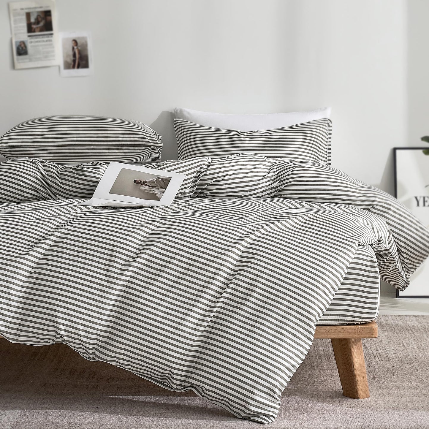 JELLYMONI 100% Natural Cotton 3pcs Striped Duvet Cover Sets,White Duvet Cover with Grey Stripes Pattern Printed Comforter Cover,with Zipper Closure & Corner Ties(King Size)