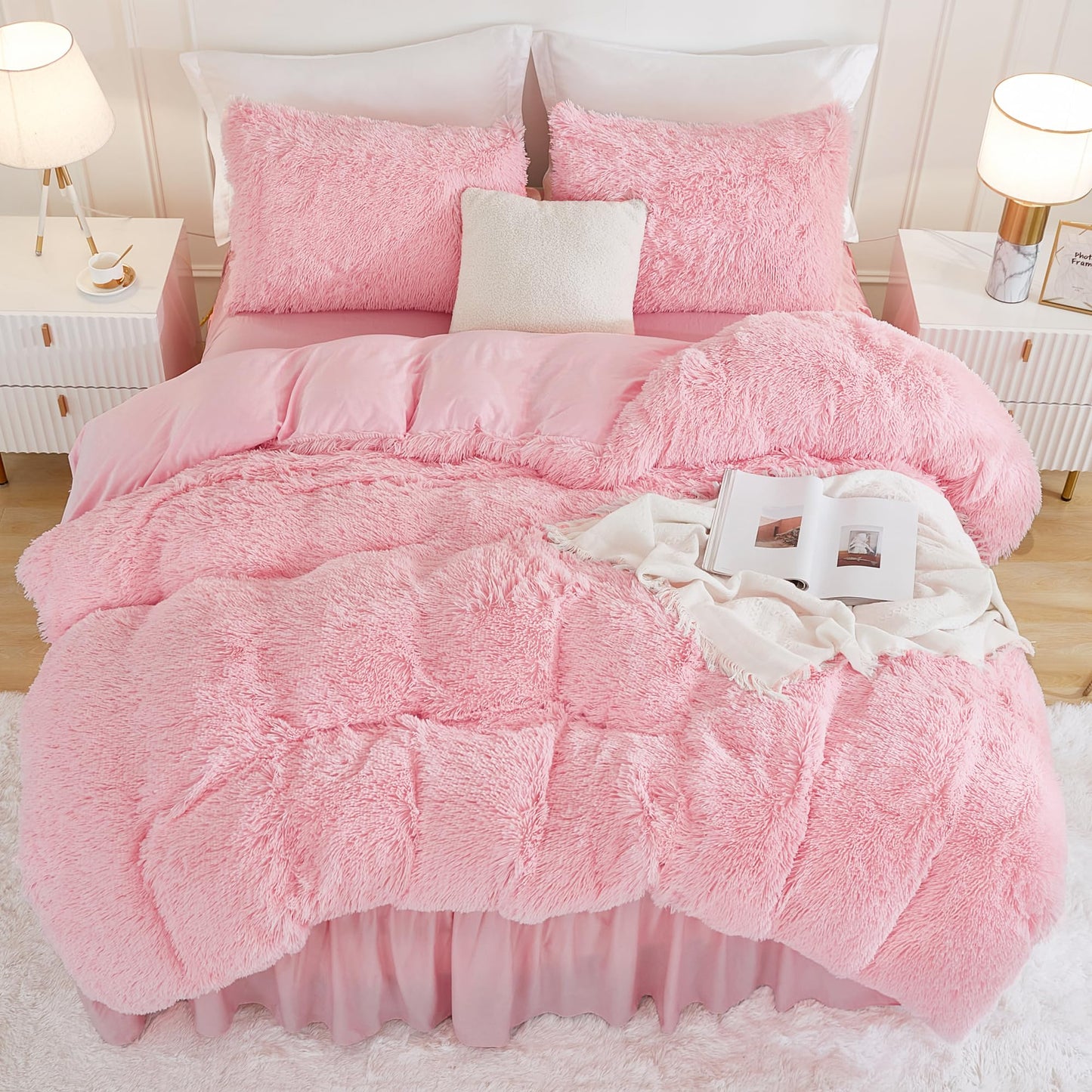 Andency Faux Fur Pink Comforter Set Queen Size, 3 Pieces Fluffy Fuzzy Plush Bedding Comforter Set (1 Shaggy Velvet Comforter & 2 Pillowcases), Soft Puffy Comfy Down Alternative Comforter Bedding Set