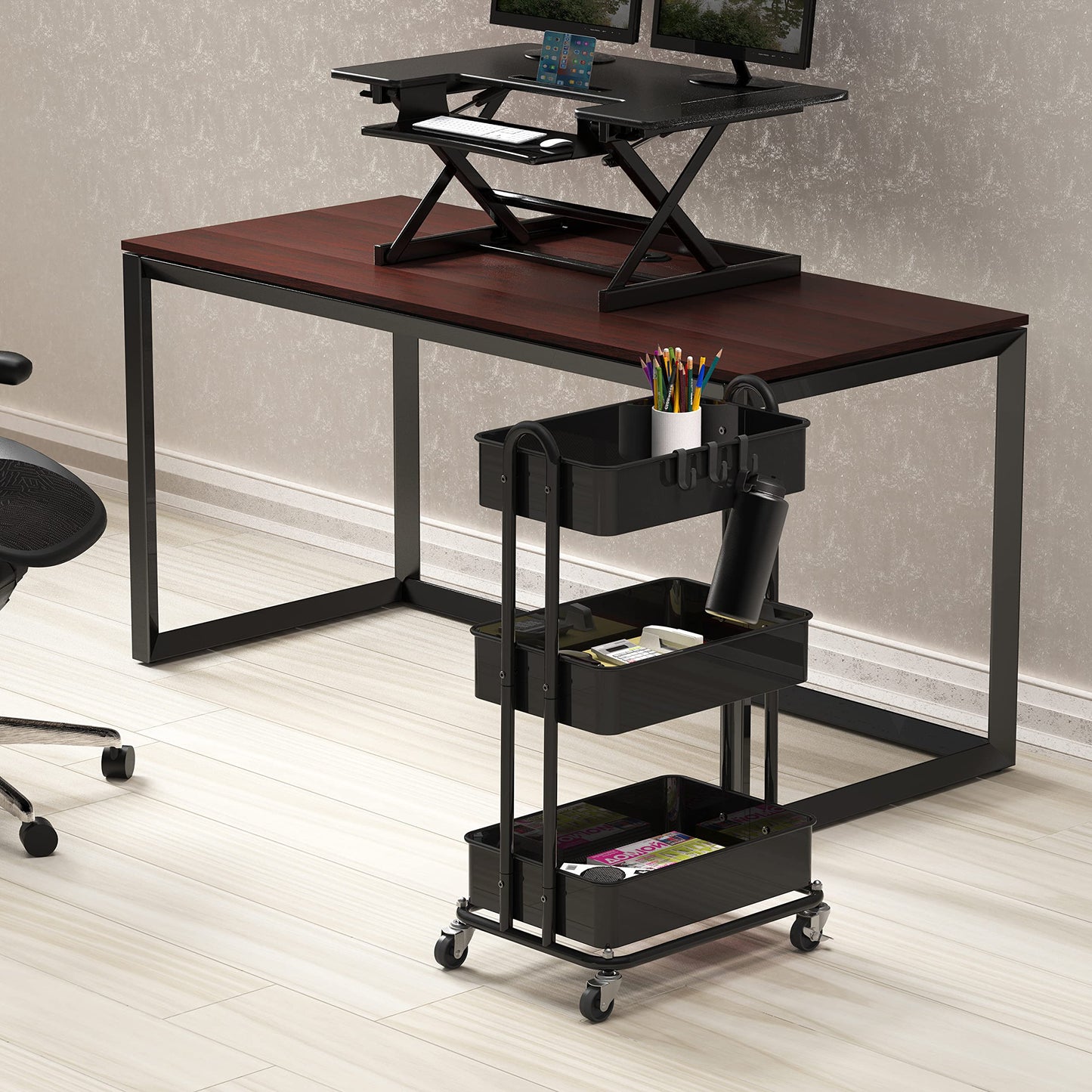 Simple Houseware 3-Tier Metal Kitchen Cart Utility Rolling Cart, Black