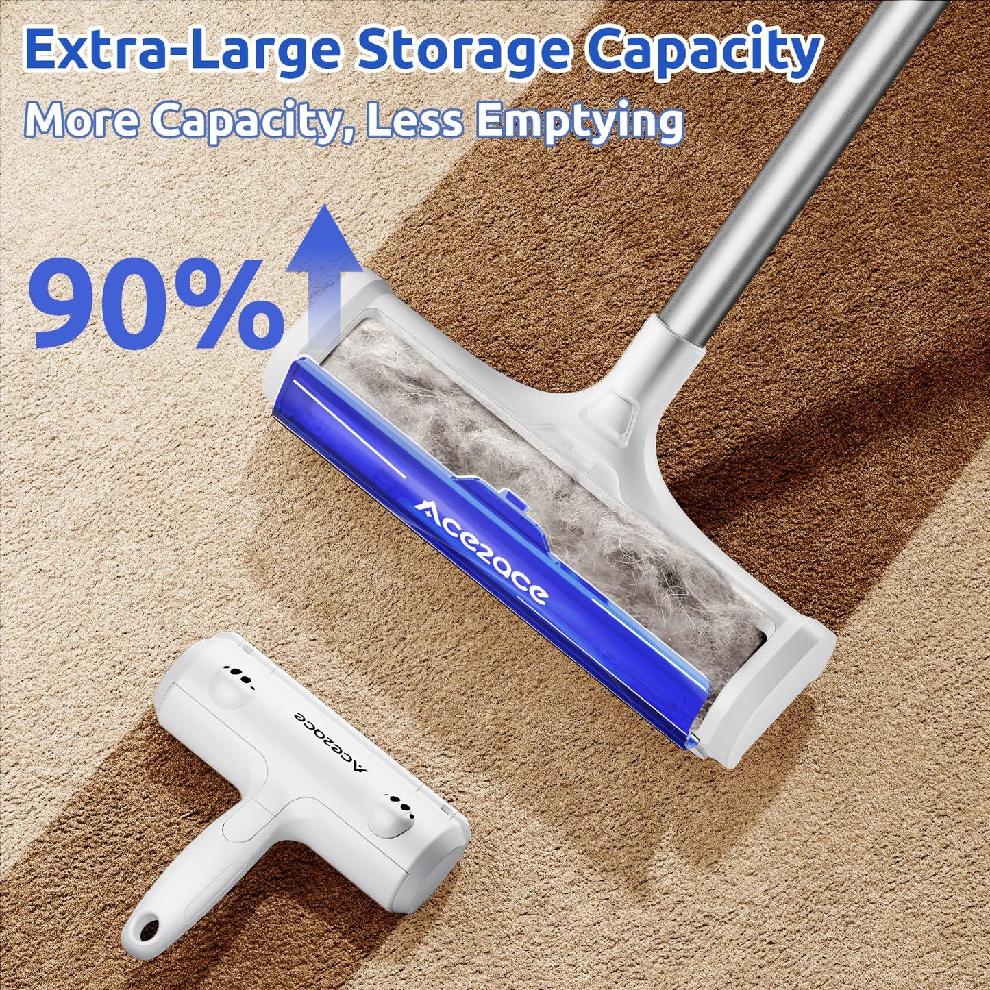 ACE2ACE Carpet Roller for Pet Hair, Self-Collected Pet Hair Removal Tool, Reusable Carpets Rake, 5 Feet Long Handle No Bending No Kneeling, Cat Dog Hair Remover for Carpet, Rugs, Mats, Blue