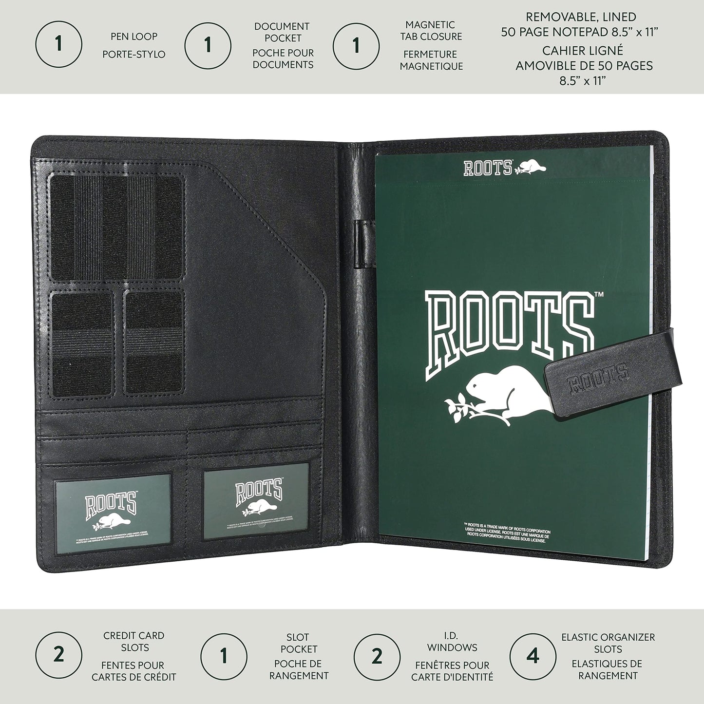 ROOTS Premium Vegan Leather Bussines Organizer Padfolio Magnetic Tab Closure Bussines, Black