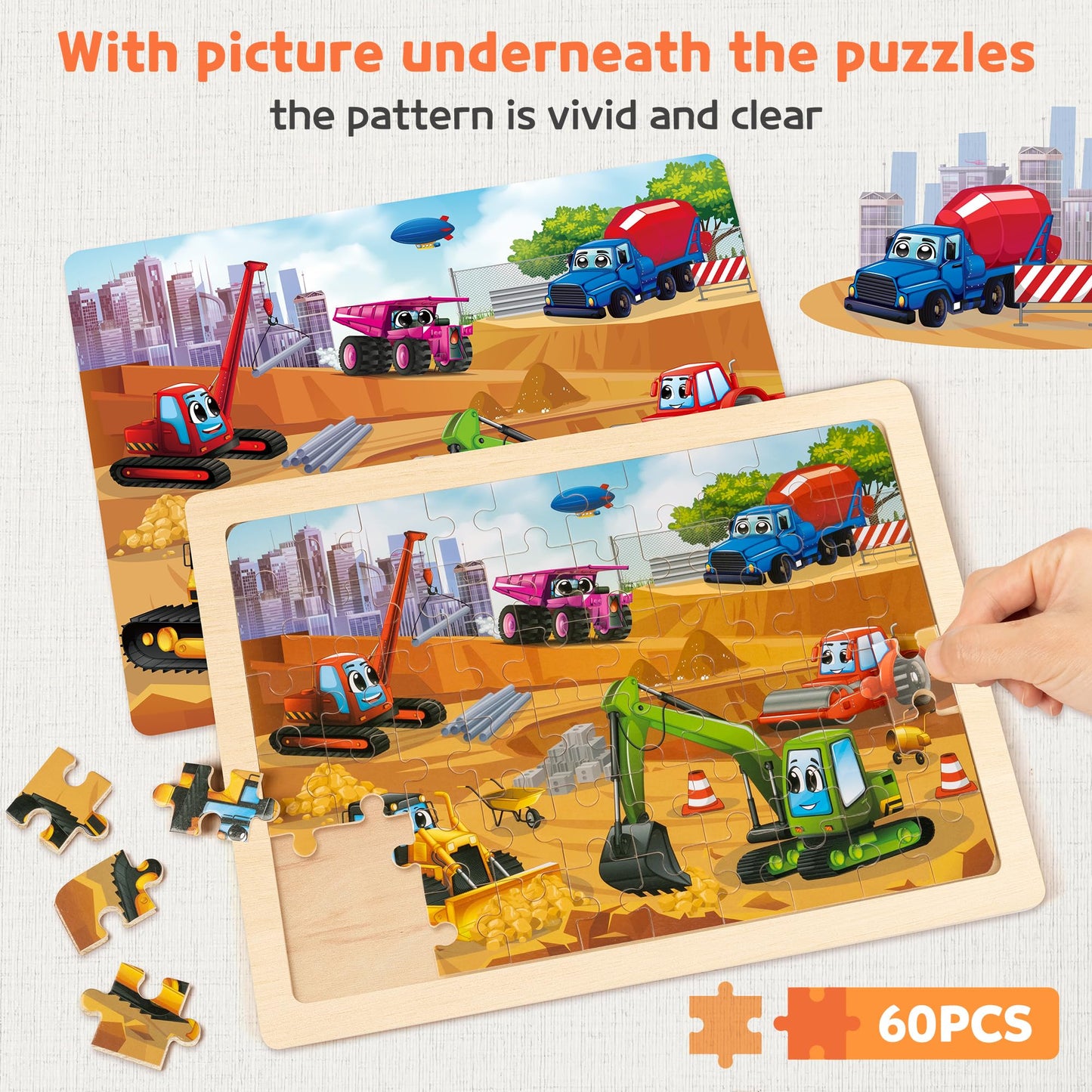 SYNARRY Wooden Vehicle Puzzles for Kids 3-5, 6 Packs 60 PCs Jigsaw Puzzles for Kids 4-8 Years Old, Wood Kids Puzzles Ages 5-8, Preschool Educational Toys Gifts for 3 4 5 6 7 8 Year Old