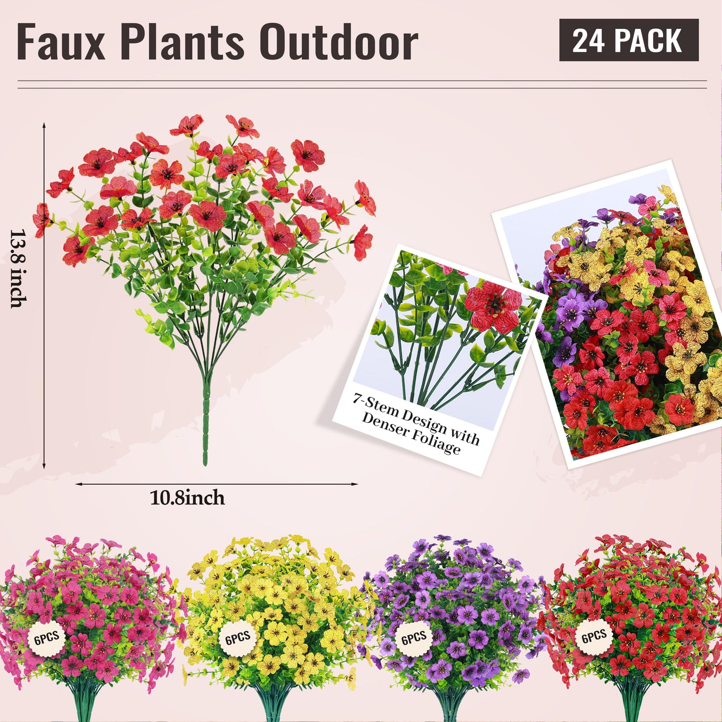 Der Rose 24 Bundles Artificial Flowers for Outdoors Fake Flowers Plants Spring Summer Decoration UV Resistant for Outside Home Porch Patio Garden Decor
