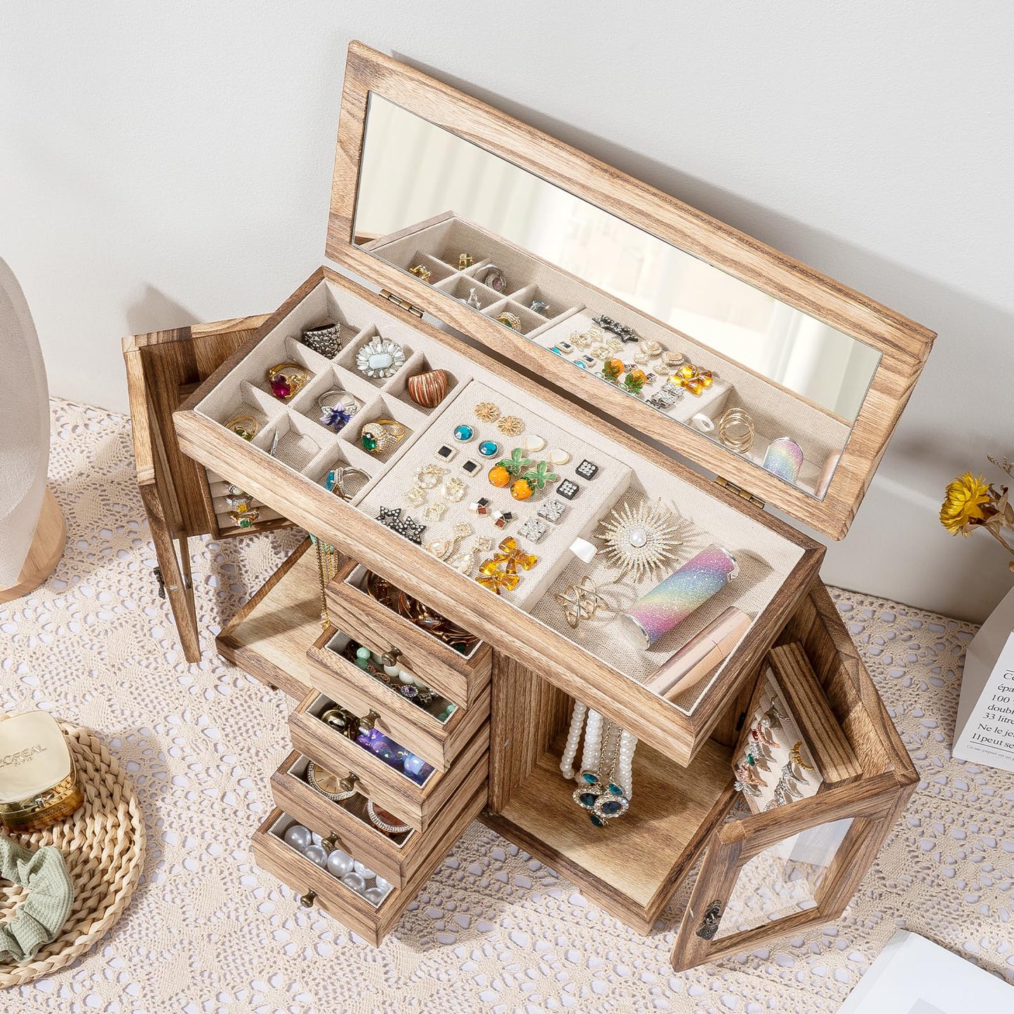 Emfogo Jewelry Box for Women Girls, Rustic Wooden Jewelry Organizer Box with Mirror, 5 Layer Jewelry Storage Case Display for Necklaces Earrings Rings Bracelets Valentine's Day Gifts