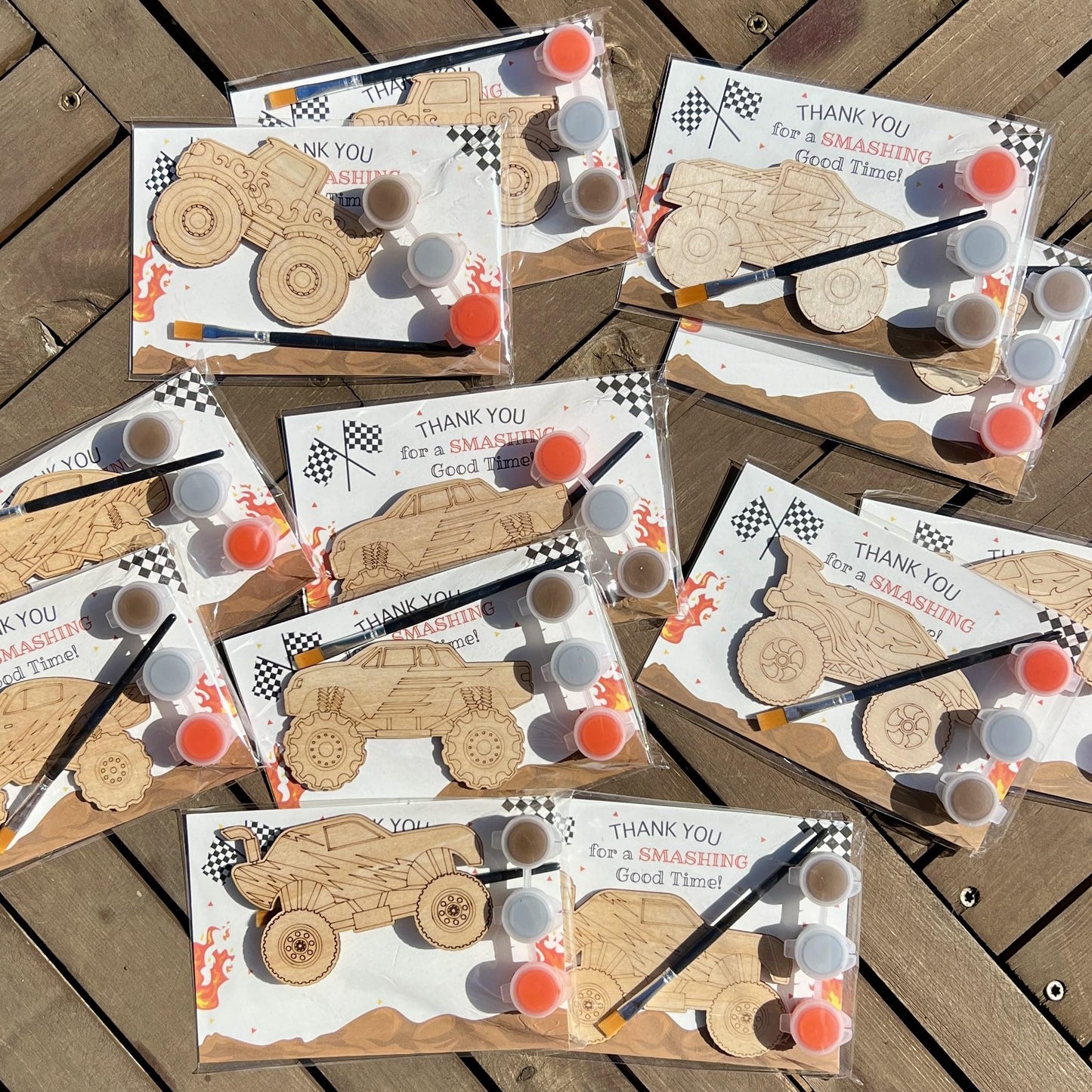 12-Pack Pre-Packaged Monster Truck Party Favors for Kids, Wooden Truck Cutouts with Magnets & Painting Kits, Boys' 4th Birthday Decorations & Thank You Gifts for Guests