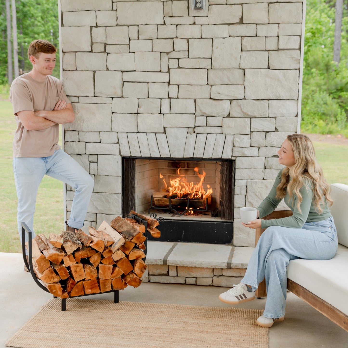 FireProof Pros Outdoor Firewood Racks or Indoor Wood Holder with Kindling Hooks. 32in Curved Wood Rack. Double Coated Firewood Storage Outdoor Waterproof, Rustproof, Stable Fireplace Log Holder