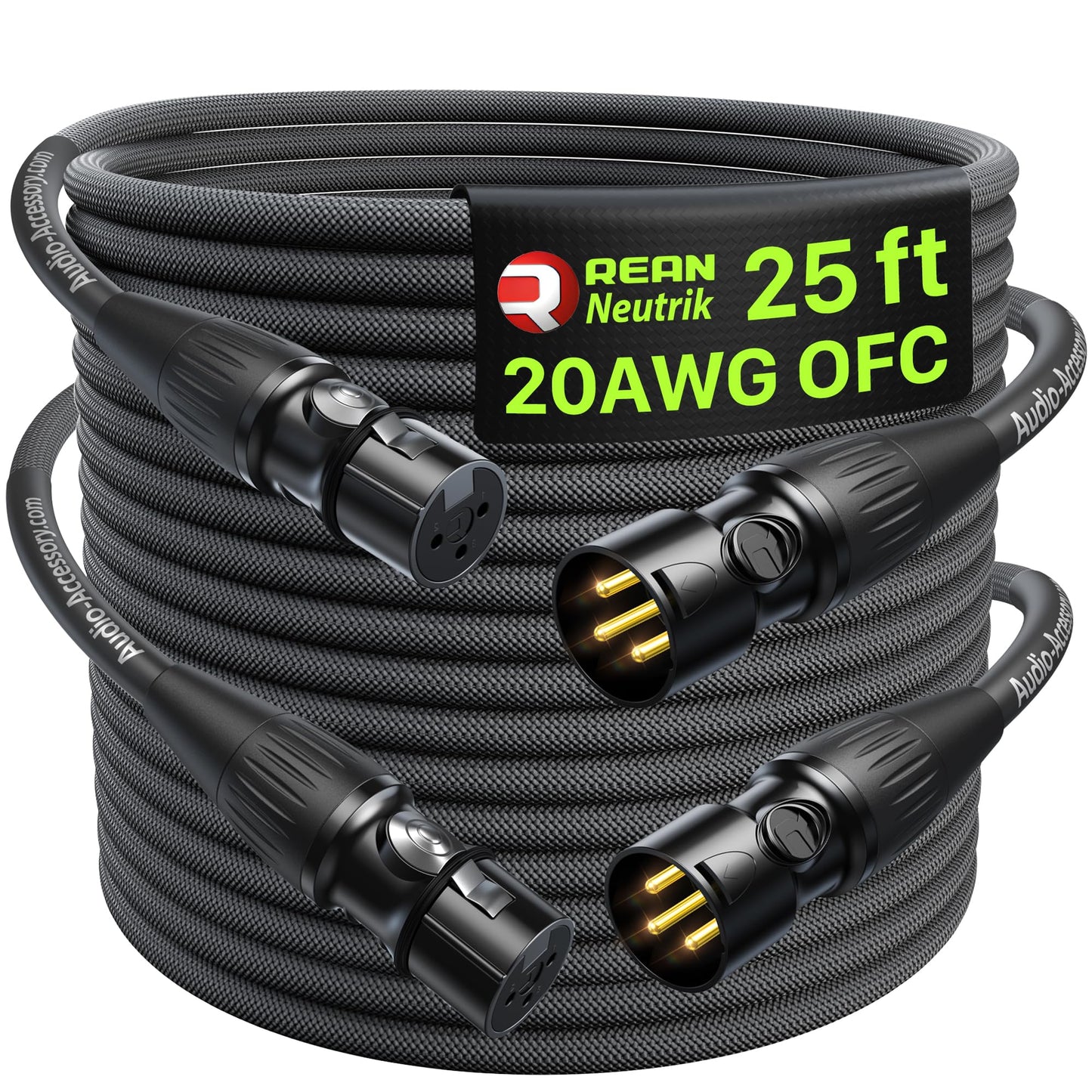 AA AUDIO ACCESSORY XLR Cables 25ft 2 Pack, 20 AWG, Kevlar-Reinforced Nylon Braided Microphone Cable, Gold-Plated Rean Connectors from Neutrik, Mic Cable, Shielded and Balanced XLR Male to Female cable