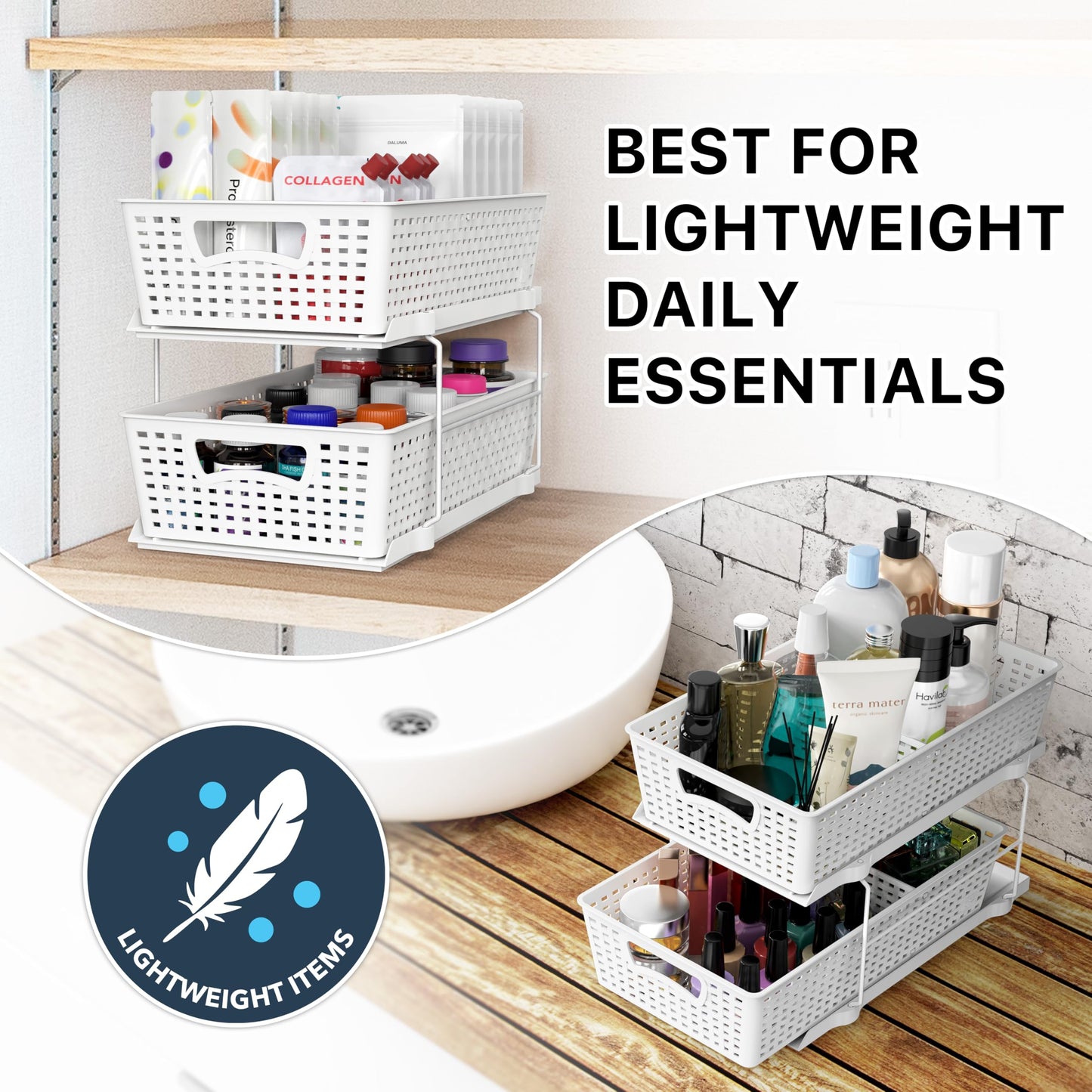 Simple Houseware 2 Tier Bathroom Organizer Tray Pull-Out Sliding Drawer/Under-Sink Storage, White