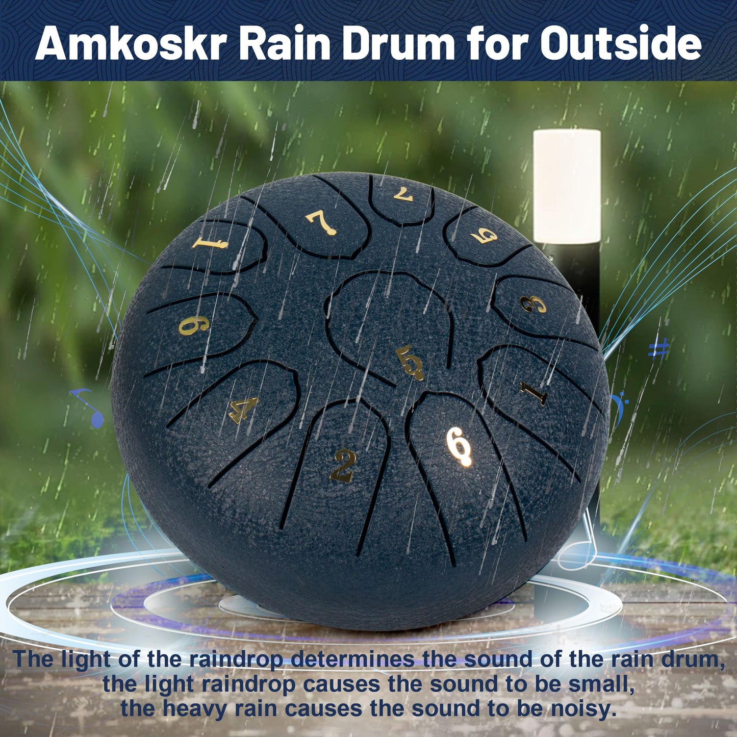 Amkoskr Rain Drum for Outside, 6 Inches 11 Notes Steel Tongue Drum C Major Steel Drum Instrument for Yoga, Meditation, Music Education, Gift