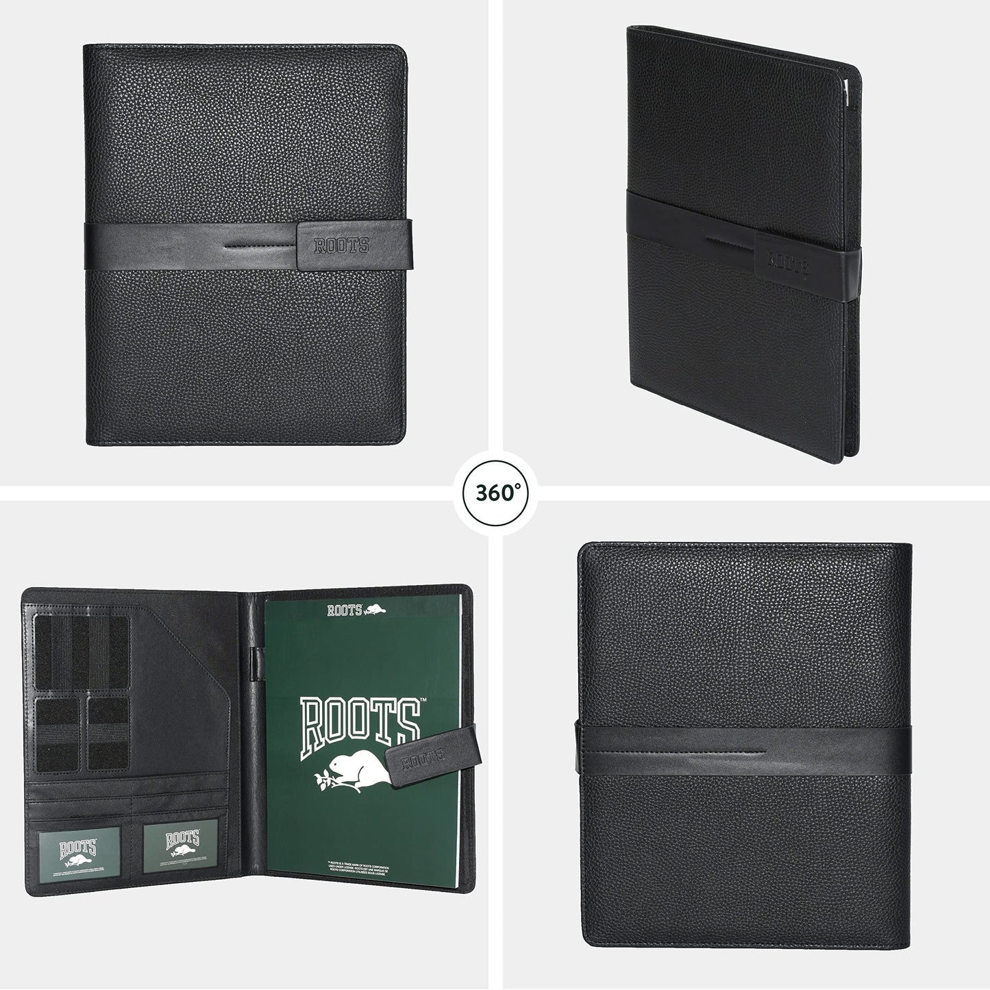ROOTS Premium Vegan Leather Bussines Organizer Padfolio Magnetic Tab Closure Bussines, Black