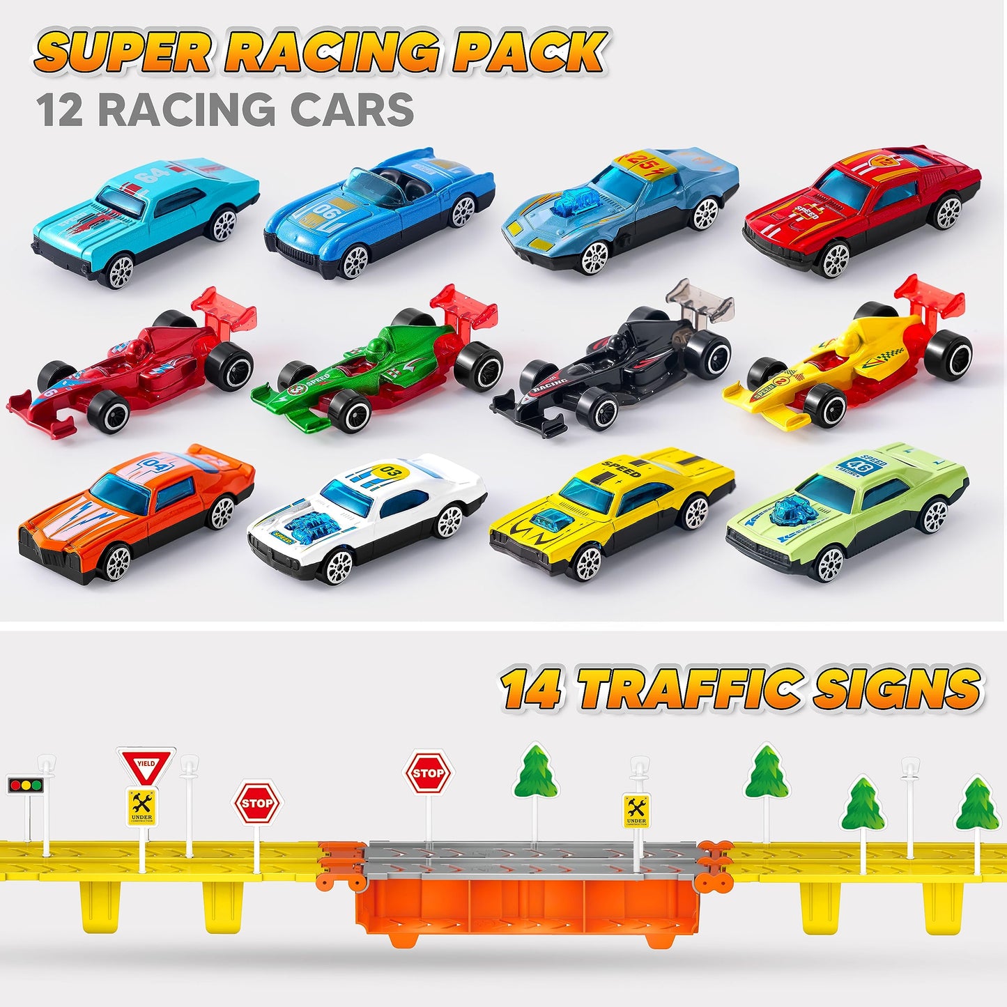 JOYIN Toy Truck for Kids, Race Toy Cars, 60" Extra Long Race Track and 12 Die-Cast Metal Cars, Toddler Carrier Truck Playset with Lights & Sounds, Birthday Gift for 2 3 4 5 6 7 Years Old Boys Girls
