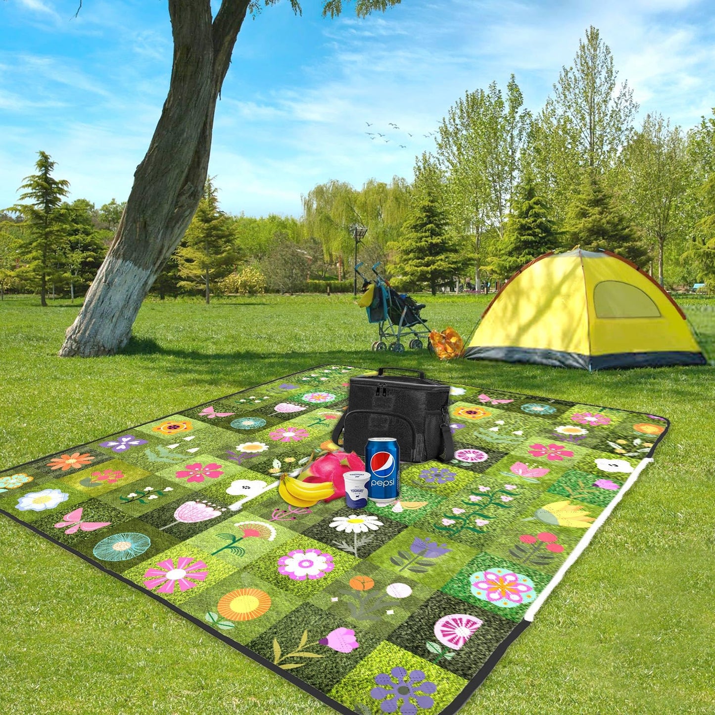 Floral Picnic Blanket 60"X80" Waterproof Foldable Large Outdoor Picnic Quilted Blanket Bag 2 in 1 Camping Flowers Machine Washable Picnic Mat Sandproof Backing Blanket for Grass Hiking Beach
