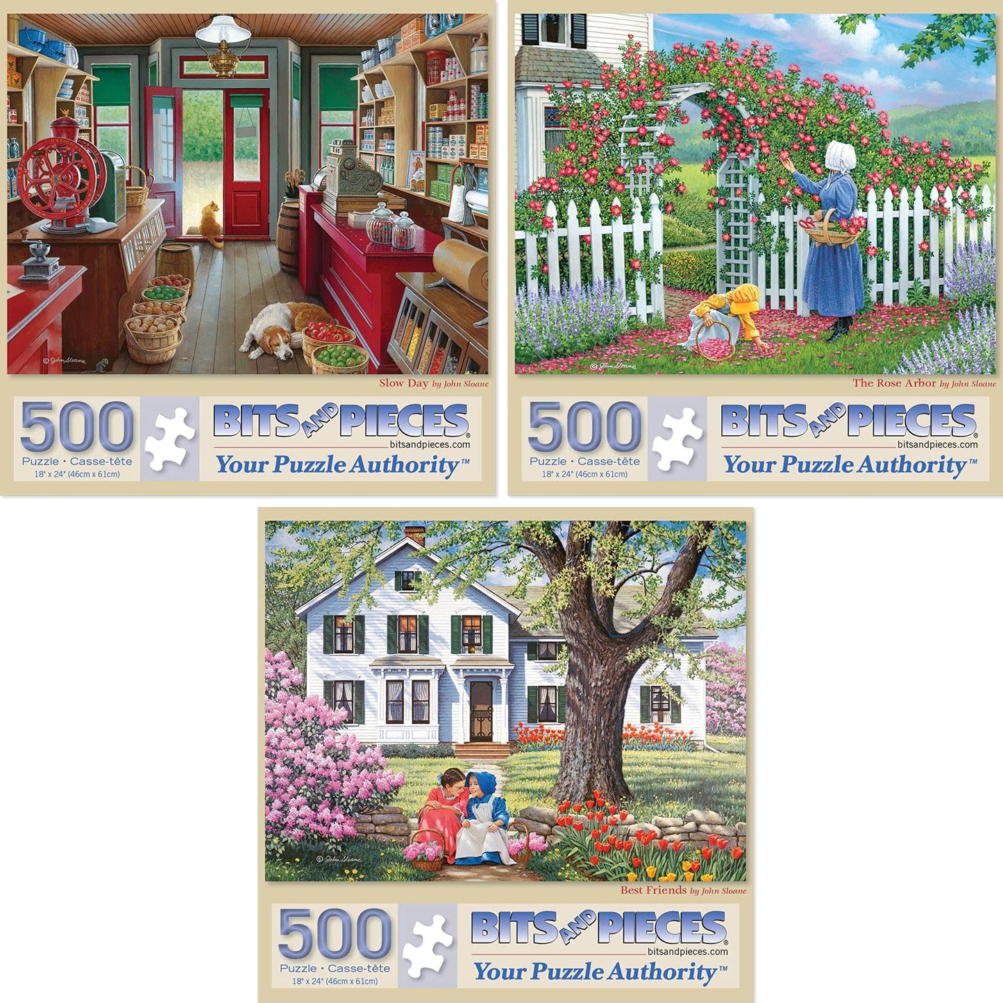 Bits and Pieces - Value Set of Three (3) 500 Piece Jigsaw Puzzles for Adults - Each Puzzle Measures 48cm x 61cm - 500 pc Slow Day, The Rose Arbor, Best Friends Jigsaws by Artist John Sloane