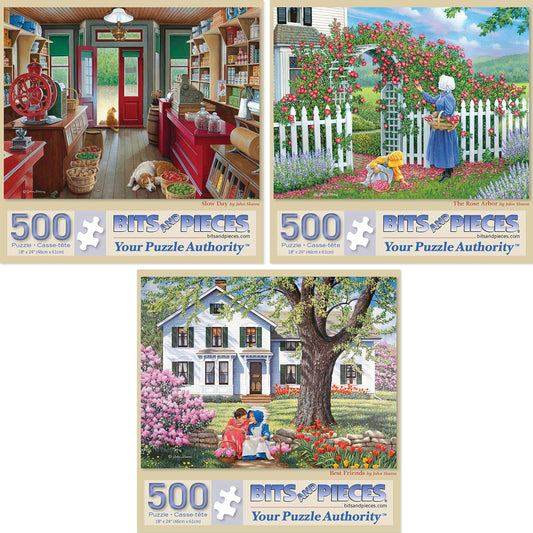 Bits and Pieces - Value Set of Three (3) 500 Piece Jigsaw Puzzles for Adults - Each Puzzle Measures 48cm x 61cm - 500 pc Slow Day, The Rose Arbor, Best Friends Jigsaws by Artist John Sloane