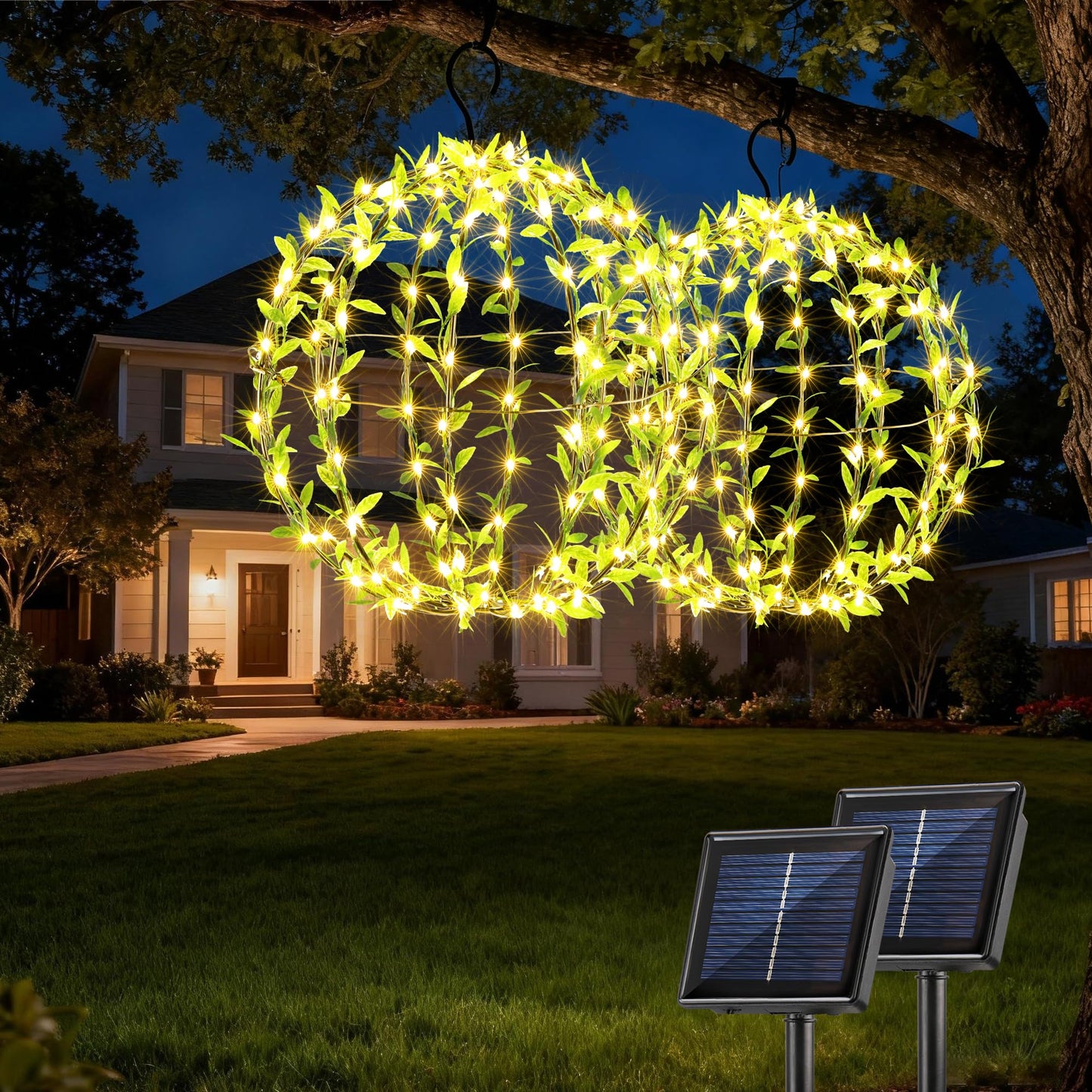 Joomer Solar Hanging Ball Lights Outdoor, 2-Pack 13in + 11in Total 264 LED Solar Globe Lights, 8 Modes Waterproof Metal Sphere Lights with Hooks for Patio Garden Decor - Warm White