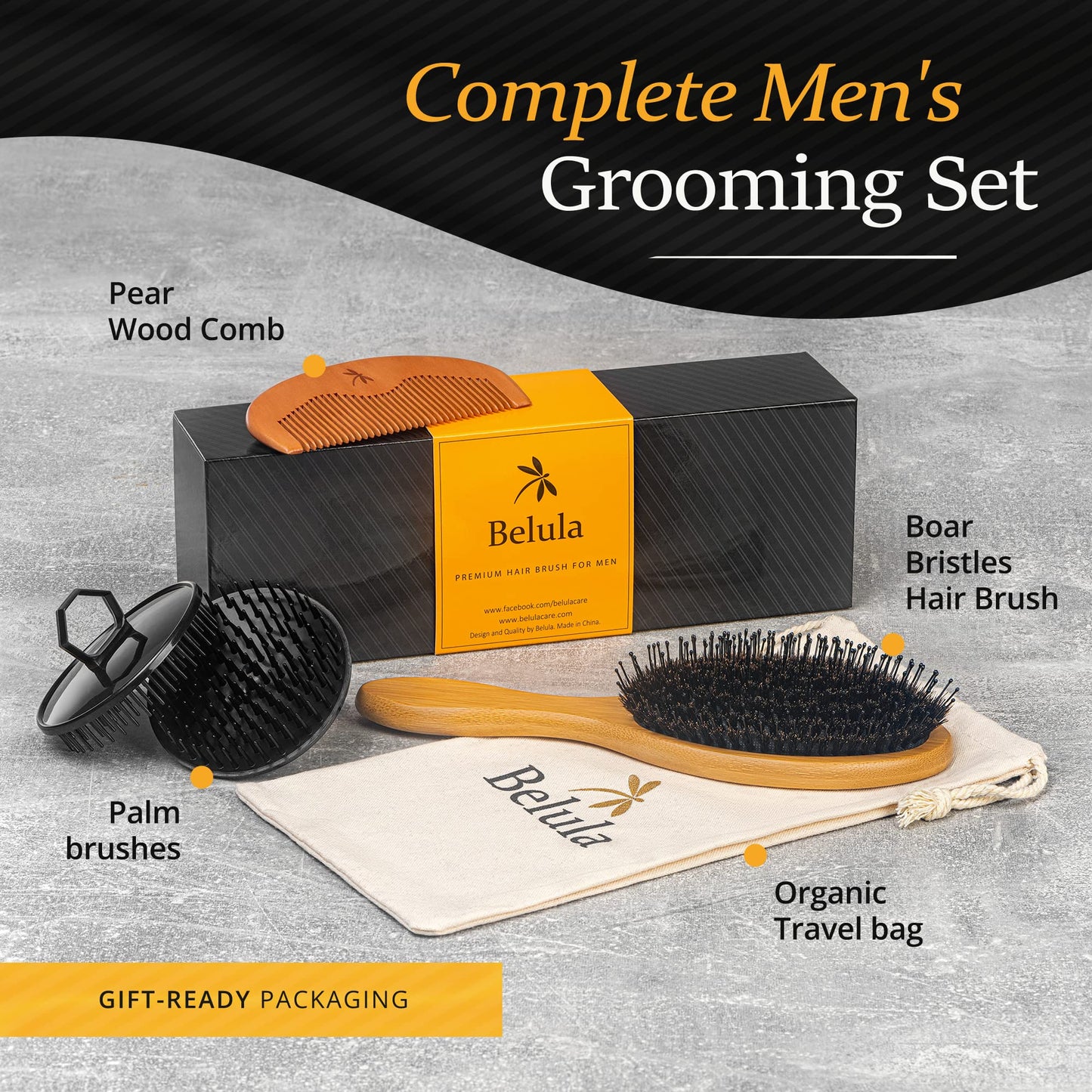 Belula Premium Boar Bristle Hair Brush for Men Set.Styling Mens' Hair Brush with Nylon Pins. Boar Bristle Brush, 2 x Palm Brush, Wooden Comb & Travel Bag Included.