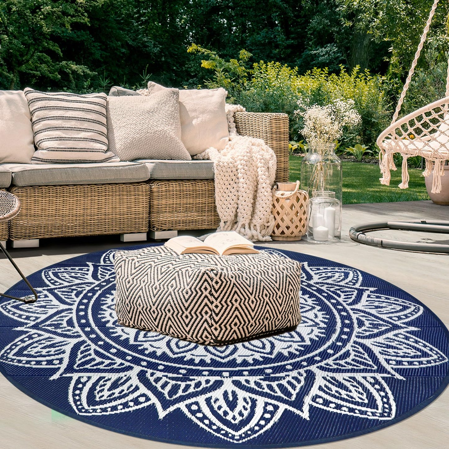 famibay Round Outdoor Area Rug Boho Mandala Plastic Patio Rug 6ft Navy