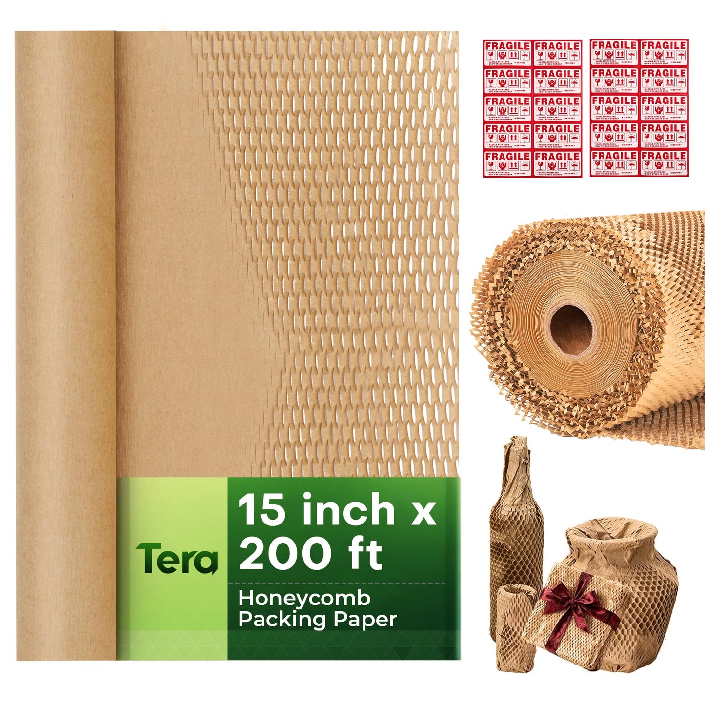 Tera Honeycomb Packing Paper Eco-friendly: 15"x200' Recyclable Cushioning Wrap for packaging Moving Supplies Shipping Boxes Gift Wrapping Paper Alternative to Bubble Wrap with 20 Fragile Sticker