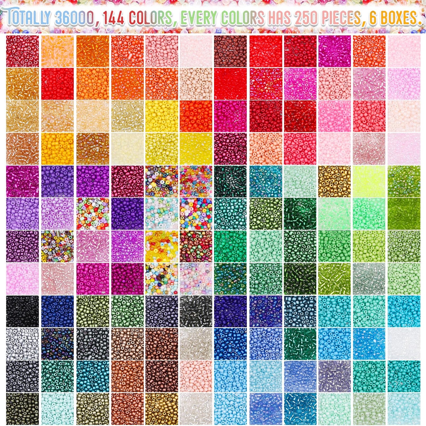 EuTengHao 3mm Glass Seed Beads for Bracelet Making Kit, 8/0 Small Craft Beads for Bracelet Necklaces Crafting Jewelry Making Supplies (36000Pcs,144 Colors)