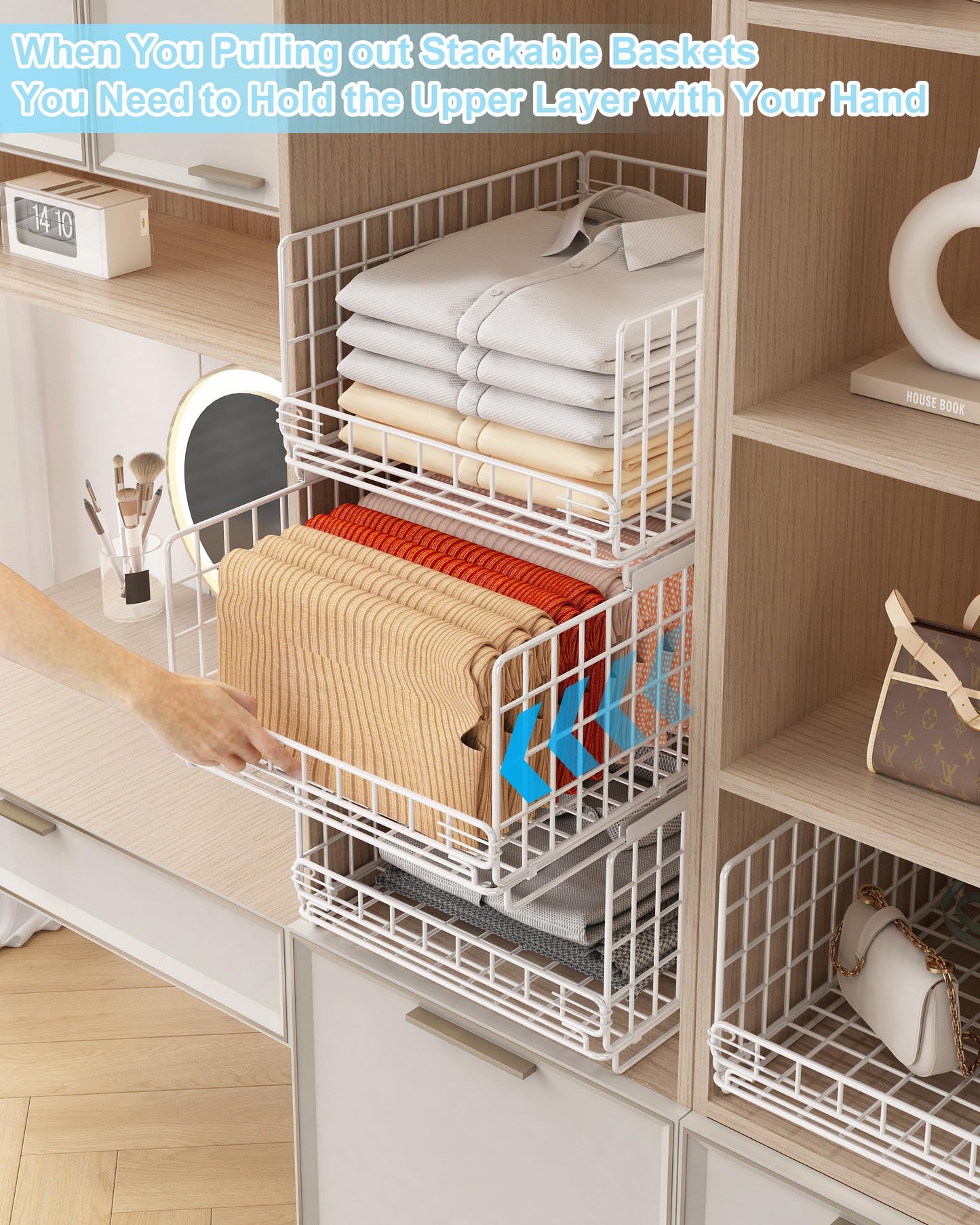 UMDONX 3 Pack Pull out Closet Storage Organizer Drawer Stackable Clothes Bins, Wardrobe Clothing Basket Rack Cupboard Cabinet Wire Shelf, Durable Metal White, Load 50LBS
