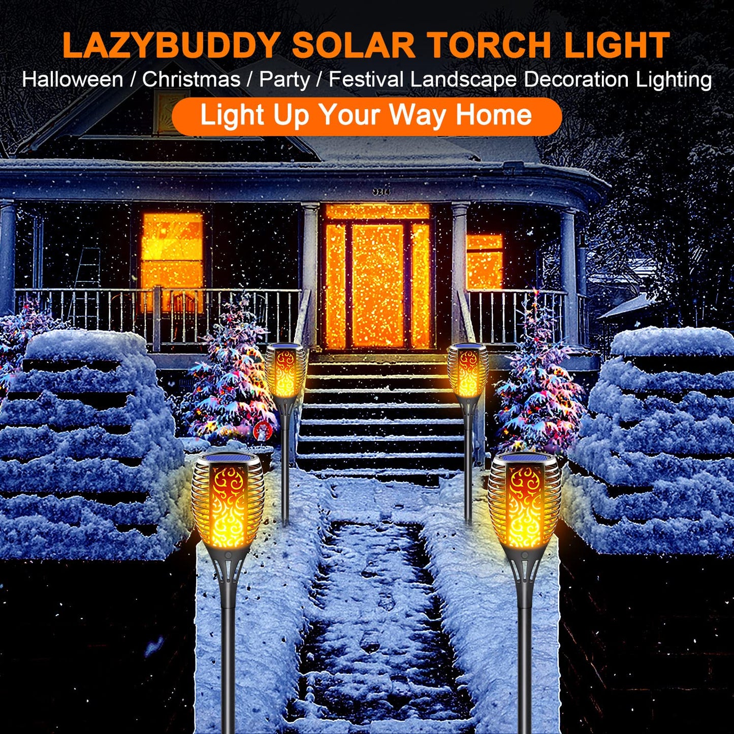 LazyBuddy Solar Torch Lights Outdoor, Large Solar Tiki Torches with Flickering Dancing Flame, IP65 Waterproof Halloween Decoration for Canadian Garden/Patio/Pathway, Auto On/Off (4 Pack)