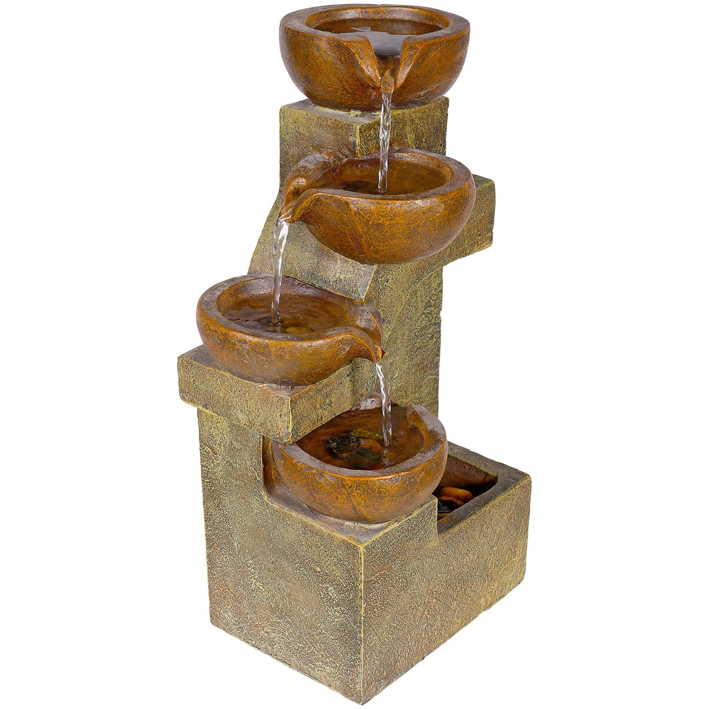 Alpine Corporation WCT726 Indoor/Outdoor Tabletop Tiered Pouring Pots Waterfall Fountain with Natural Stone Look, 16", Brown
