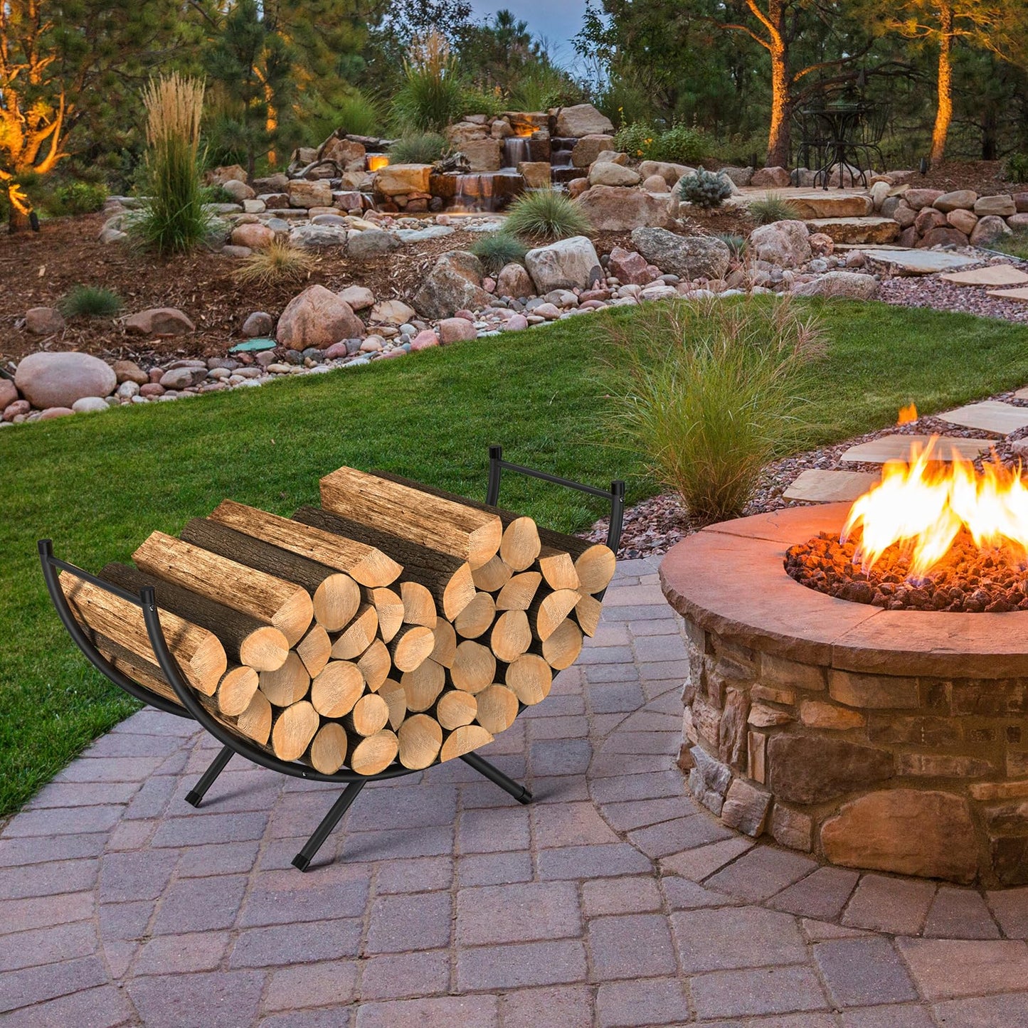 NANANARDOSO Curved Firewood Rack，33 inches Heavy Duty Metal Fireplace Log Holder for Firewood Storage，Ideal for Indoor and Outdoor Fireplaces，Black