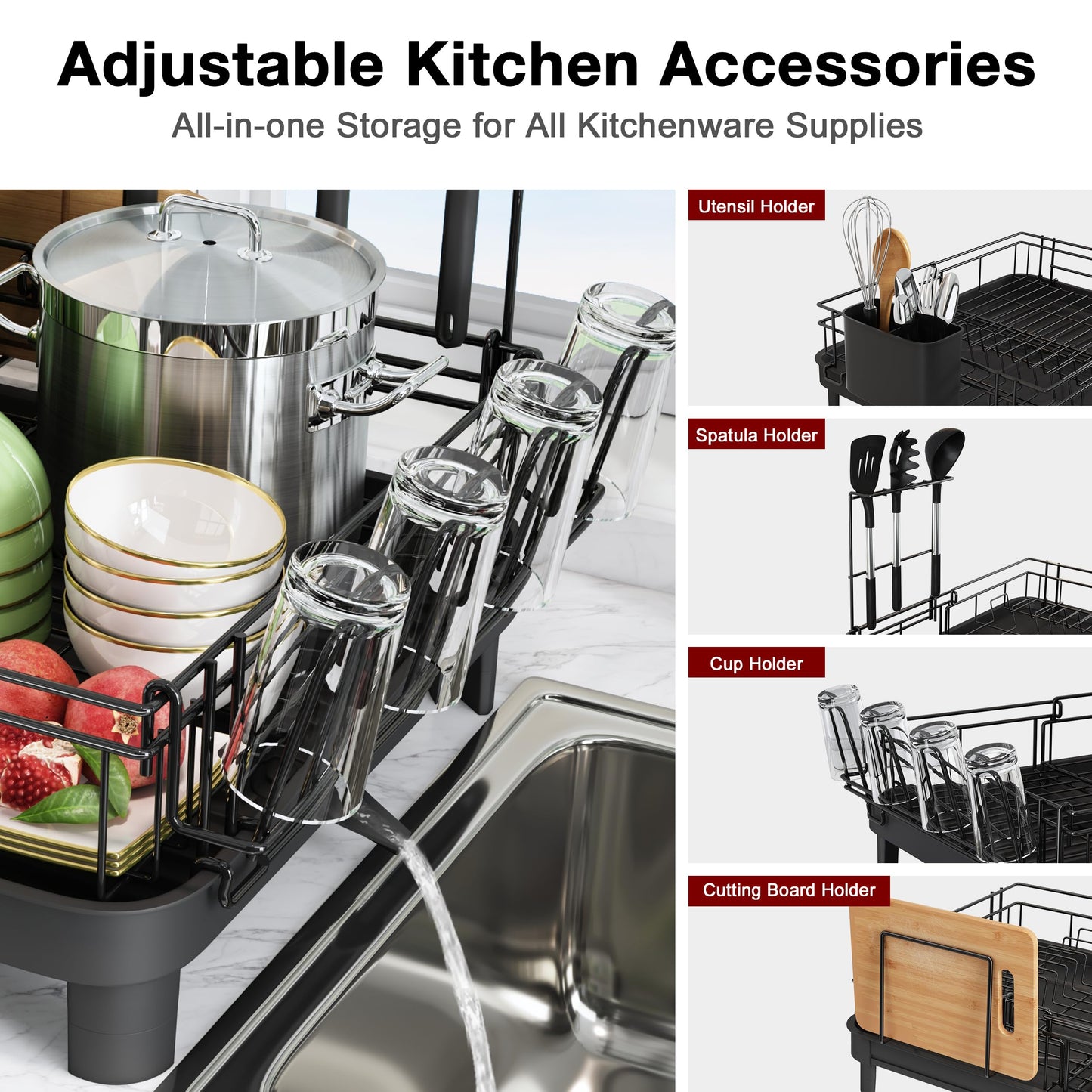 MAJALiS Extendable Dish Drying Rack - Dual Part Dish Racks with Drain Board, Adjustable Large Dish Drainer with Utensil Holder, Spatula Holder and Cutting Board Holder, X-Large 32.5-52 cm, Black