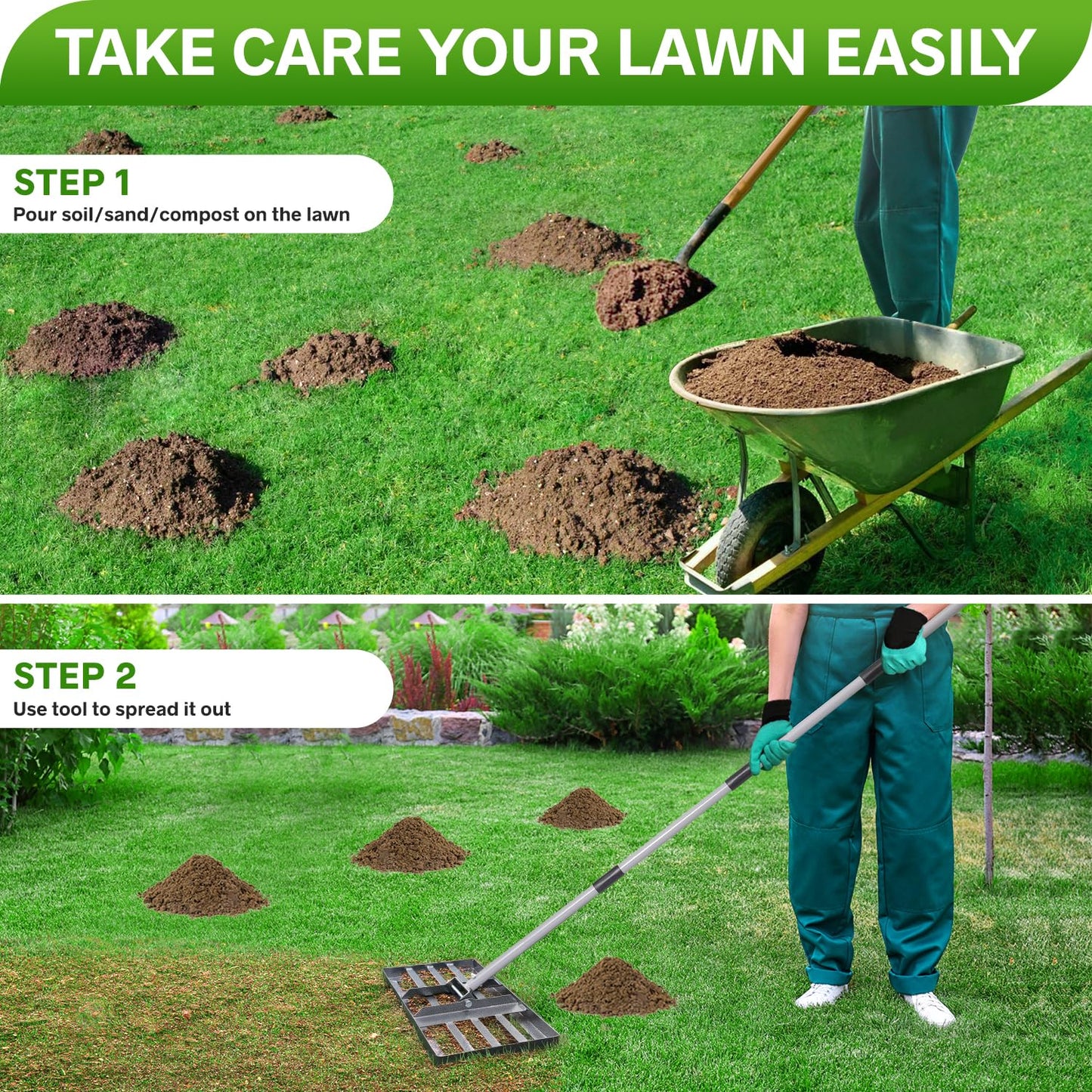 REAPALOT Lawn Leveling Rake, Lawn Leveler with Stainless Steel Long Handle, Heavy Duty Yard Level Tool for Leveling Soil, Dirt Or Sand Surfaces, Gardening Gloves Gift Included (17x10in)