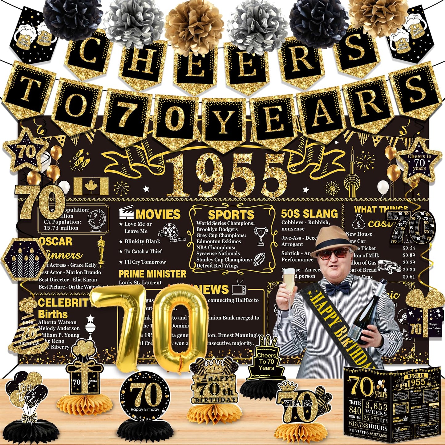70th Birthday Decorations for Men Women,24PCS 1955 Birthday Decorations,Including 1955 Banner,6 Honeycomb Topper,Balloons,Anniversary Card,Cheers to 70 Years Banner,7 Hanging Swirl,6 Paper Poms,Sash