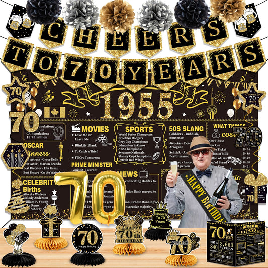 70th Birthday Decorations for Men Women,24PCS 1955 Birthday Decorations,Including 1955 Banner,6 Honeycomb Topper,Balloons,Anniversary Card,Cheers to 70 Years Banner,7 Hanging Swirl,6 Paper Poms,Sash