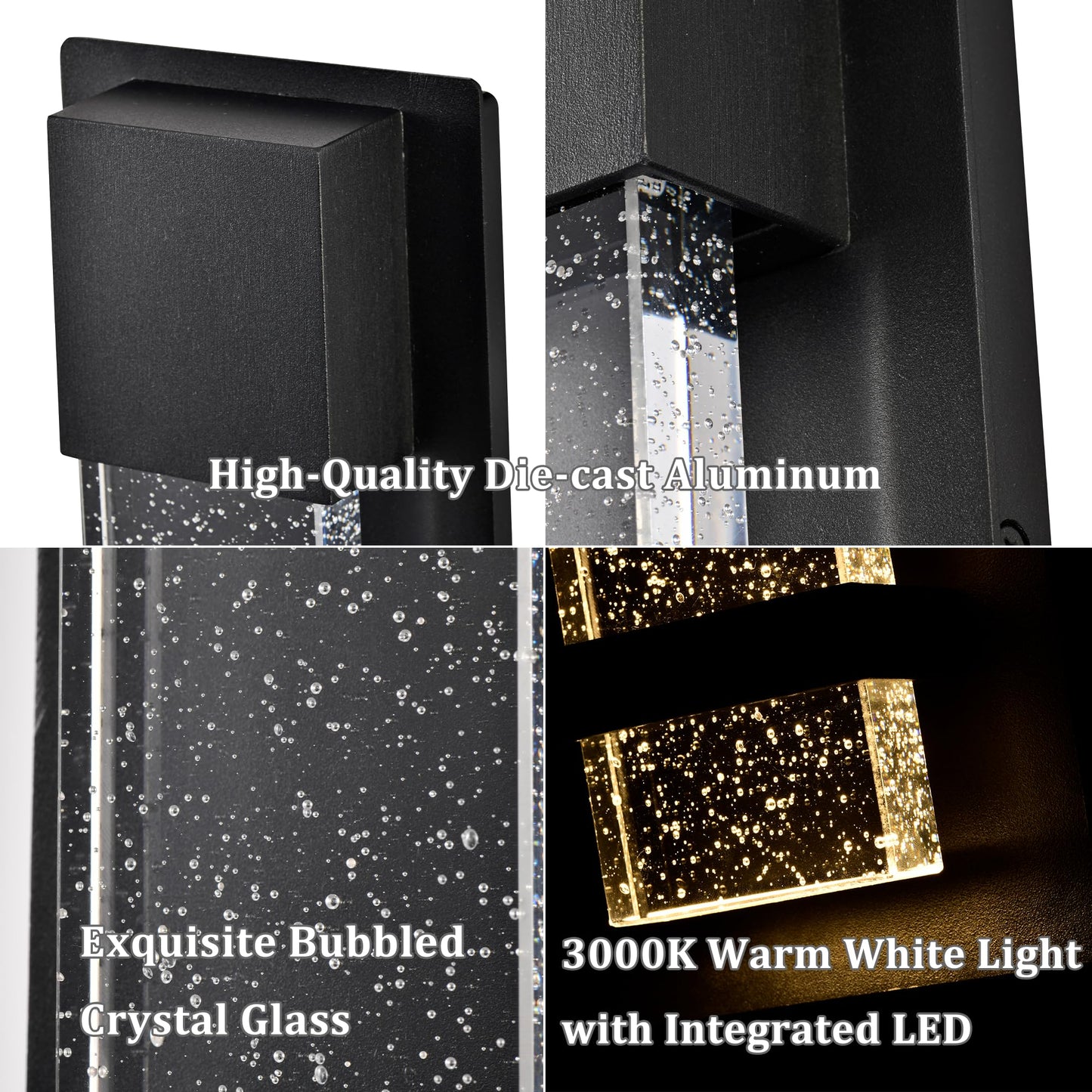 Modern Outdoor Wall Sconce,3000K Warm Light, Black Waterproof Aluminum Exterior Wall Lantern with Crystal Bubble Glass, Hardwired Outdoor Wall Light for Porch, Patio,Entryway, Garden