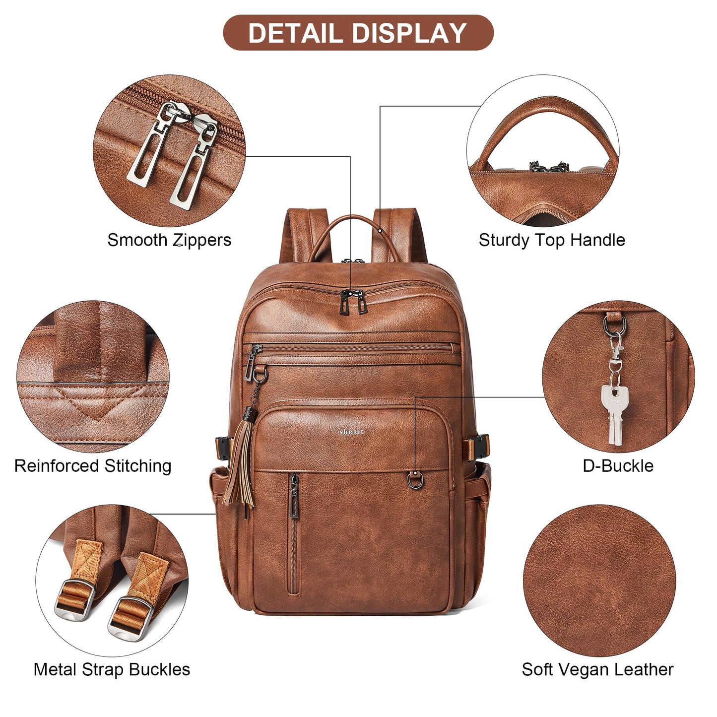 SHRRIE Vegan Leather Laptop Backpack for Women,17 Inch Computer Backpack Purse for Work Business College Travel Teacher Nurse with Anti-theft Pocket & Giant Tumbler Holder Pocket