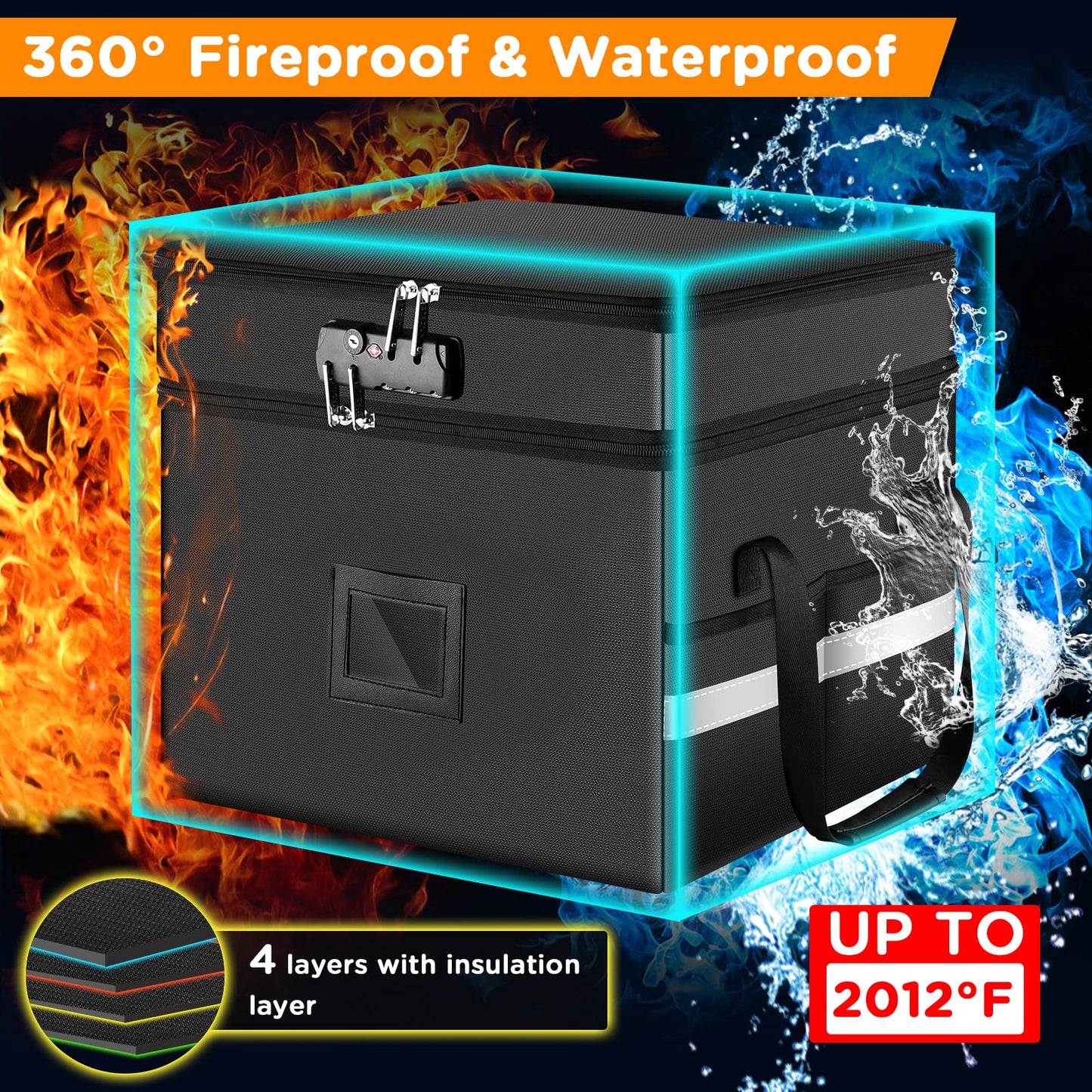 1.6 cu ft Fireproof Filing Cabinet(2012℉) with Double Lock, 2 Layer Portable File Organizer Box with 5 Pockets File Folder & Handle, Collapsible Document Organizer for Hanging Letter/Legal Folder