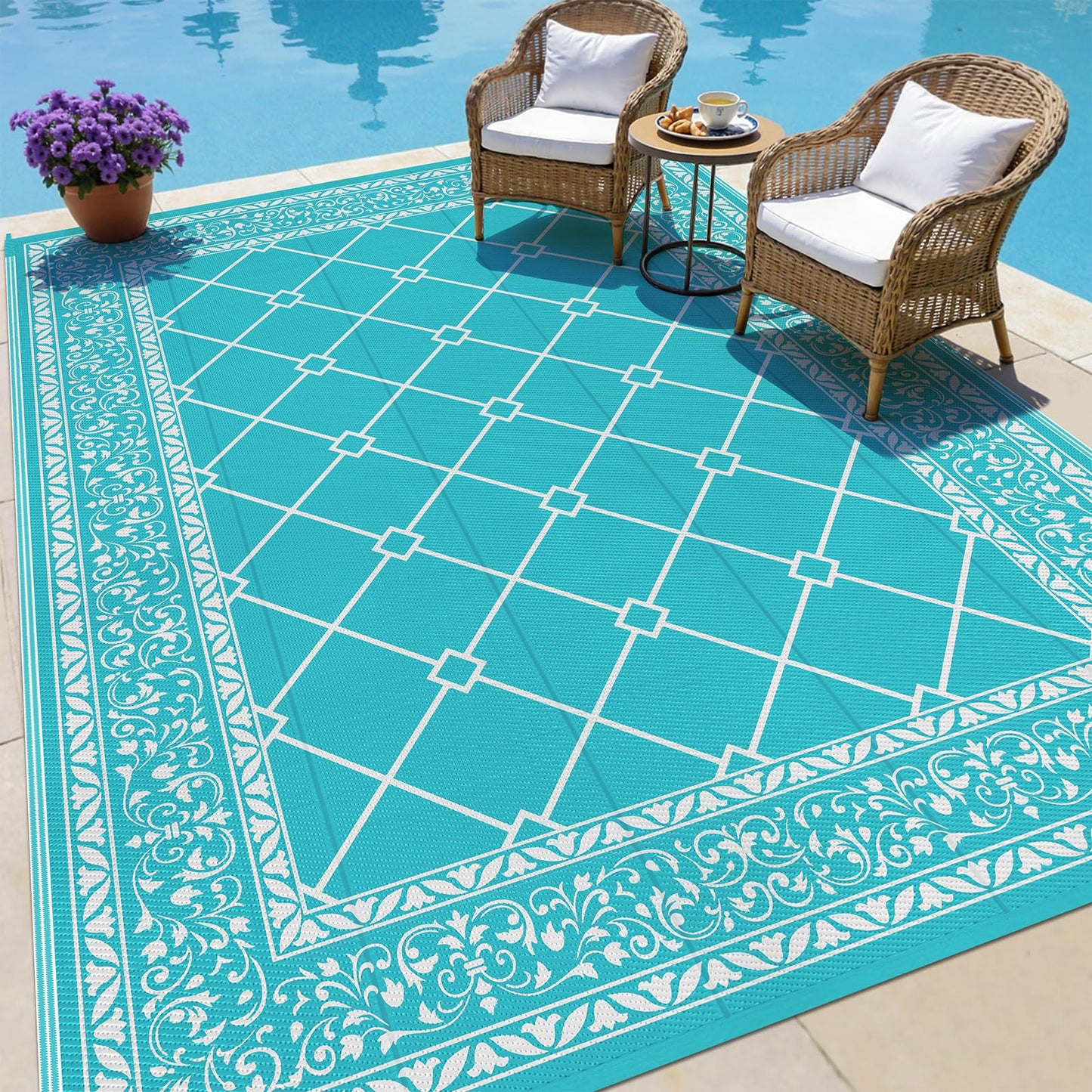 HEBE 8x10 Outdoor Rug Waterproof, Reversible Outdoor Area Rug, Portable Plastic Outside Rug Carpet, Geometric RV Camping Rug Mat for Patio Picnic Backyard Deck Balcony Porch Beach Trailer, Teal