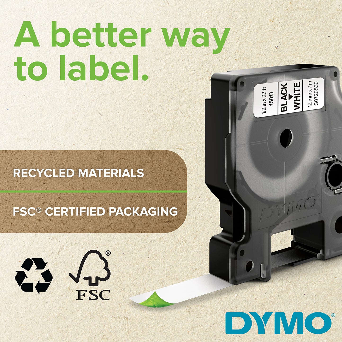 DYMO D1 Standard Labeling Tape for LabelManager Label Makers, Black print on White tape, 3/8'' W x 23' L, 1 cartridge