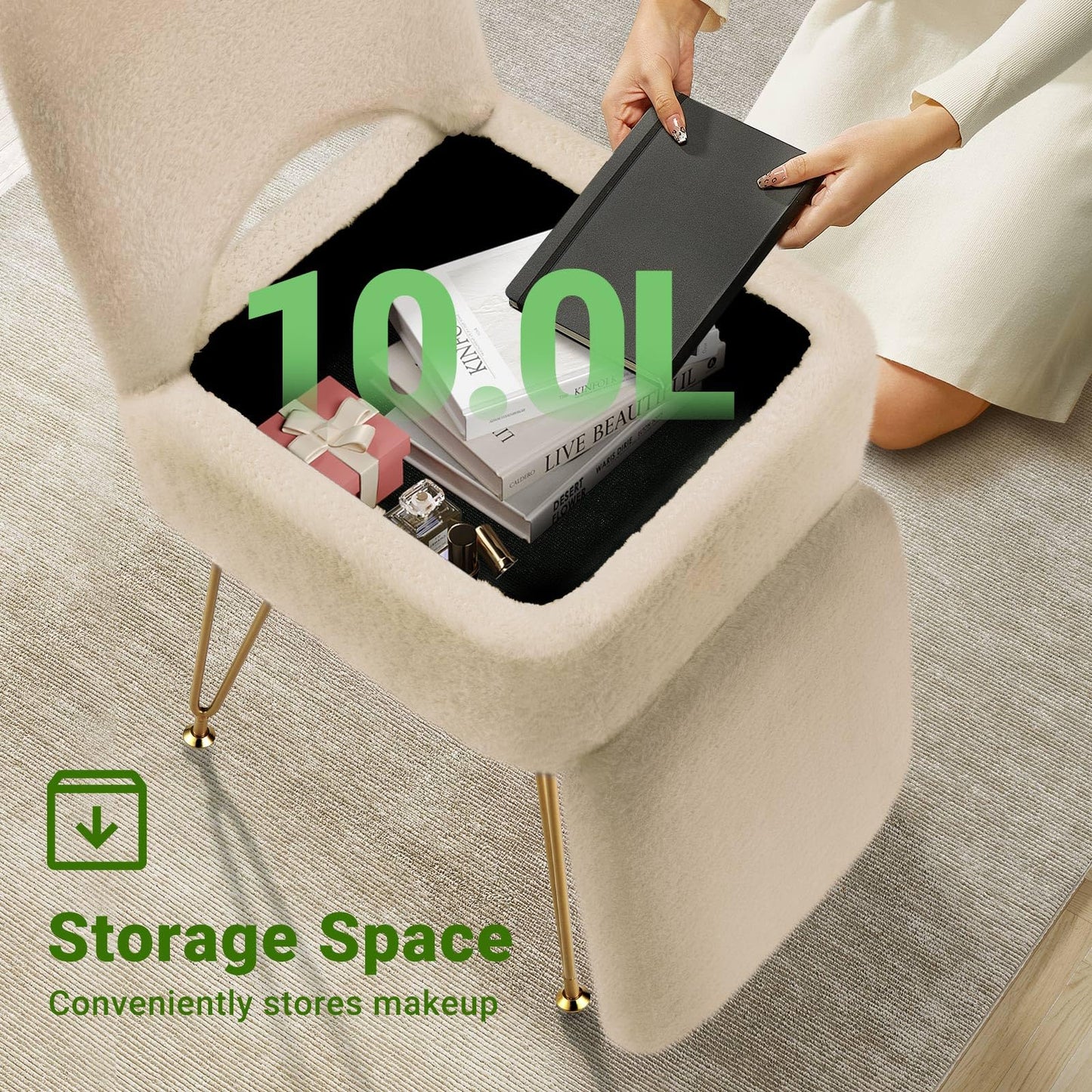 Greenstell Vanity Stool Chair with Storage and Folding Back, 13.4" L x15 W x 30.0" H Square Soft Ottoman, 4 Metal Legs with Anti-Slip Feet, Furry Padded Seat for Makeup, Bedroom, Camel