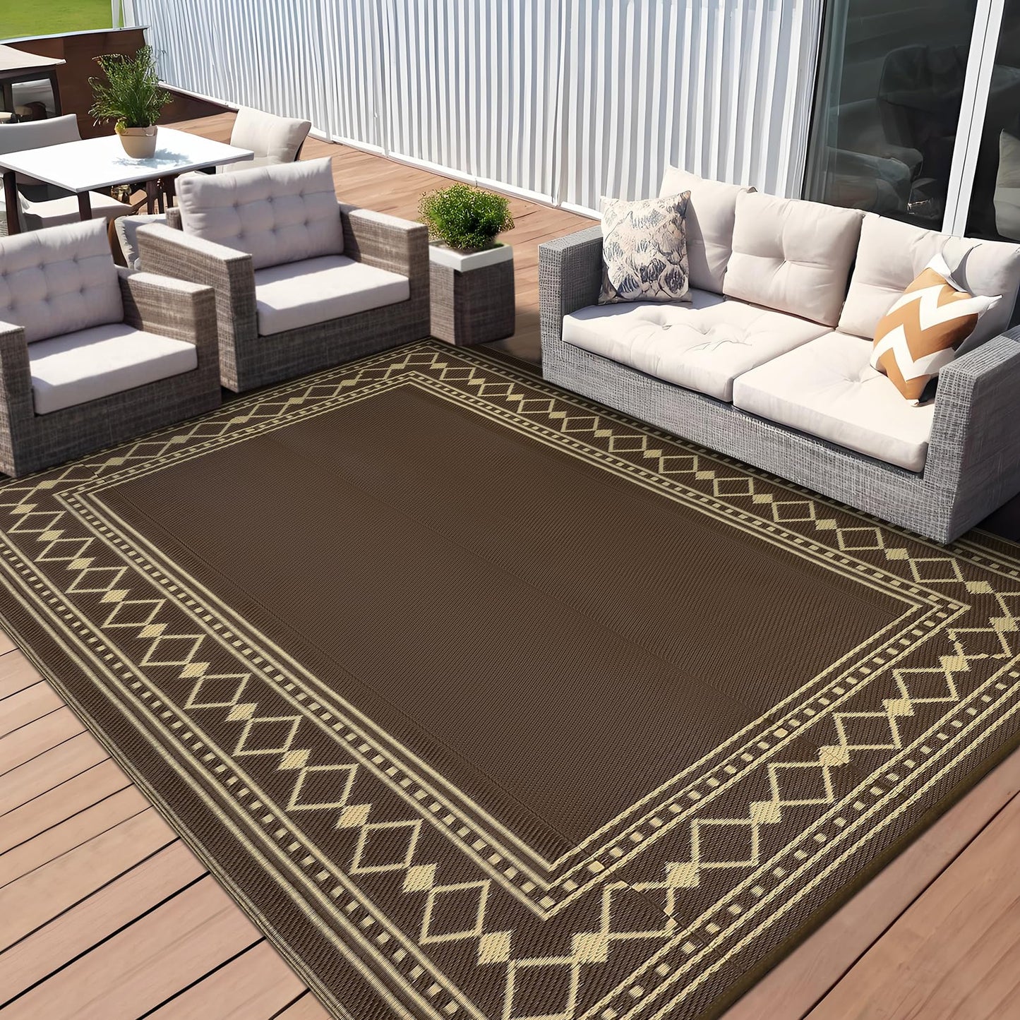 Garvee 6x9 Outdoor Camping Rug for Garden Contemporary Diamond Bordered Outdoor Picnic Mat Washable Non-Slip Easy-Clean Camper Carpets Brown Folding Portable Area Rug for Beach Backyard RV